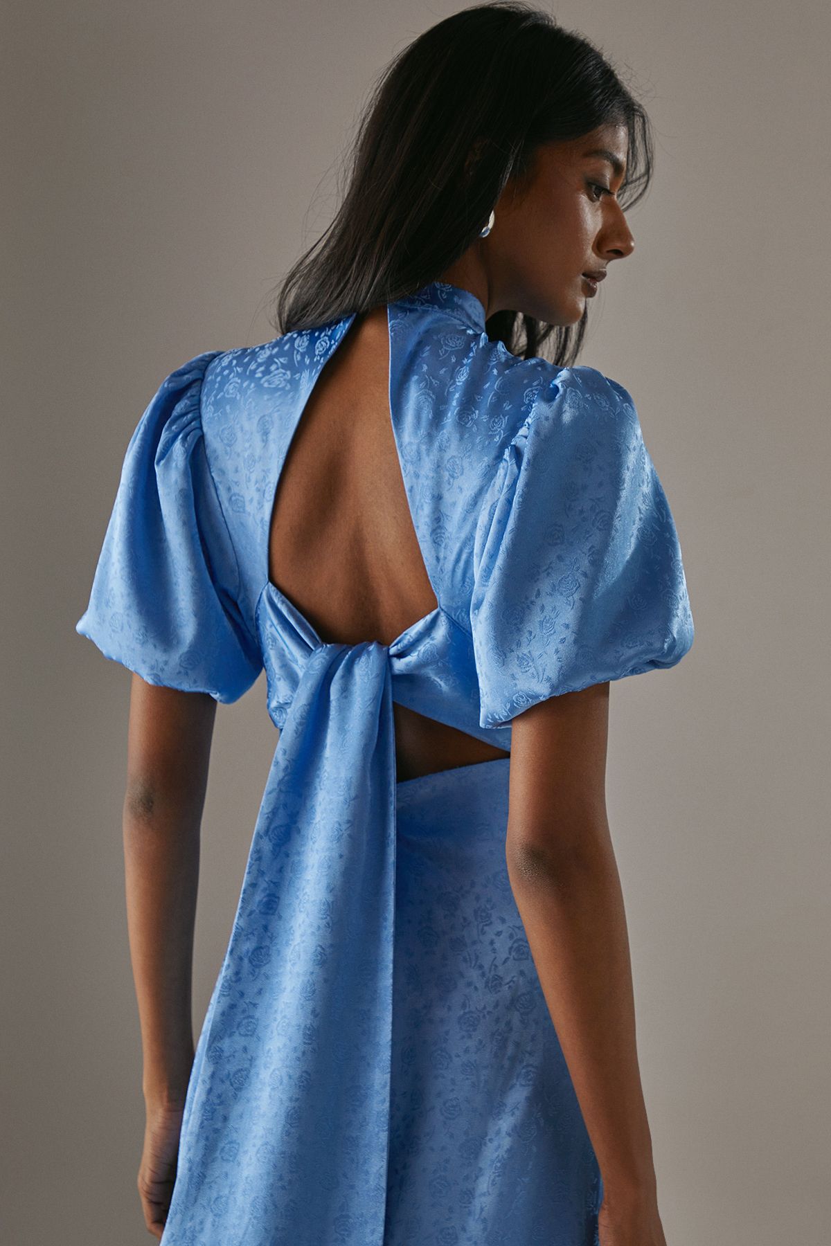 Warehouse Rose Satin Jacquard Puff Sleeve Tie Back Midi Dress