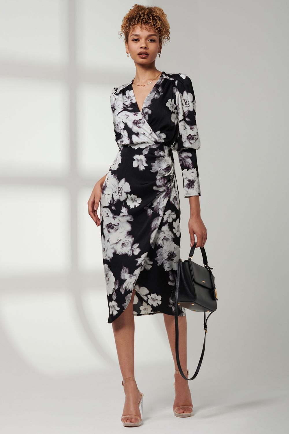 Jolie Moi Print Satin Wrap Bodycon Dress