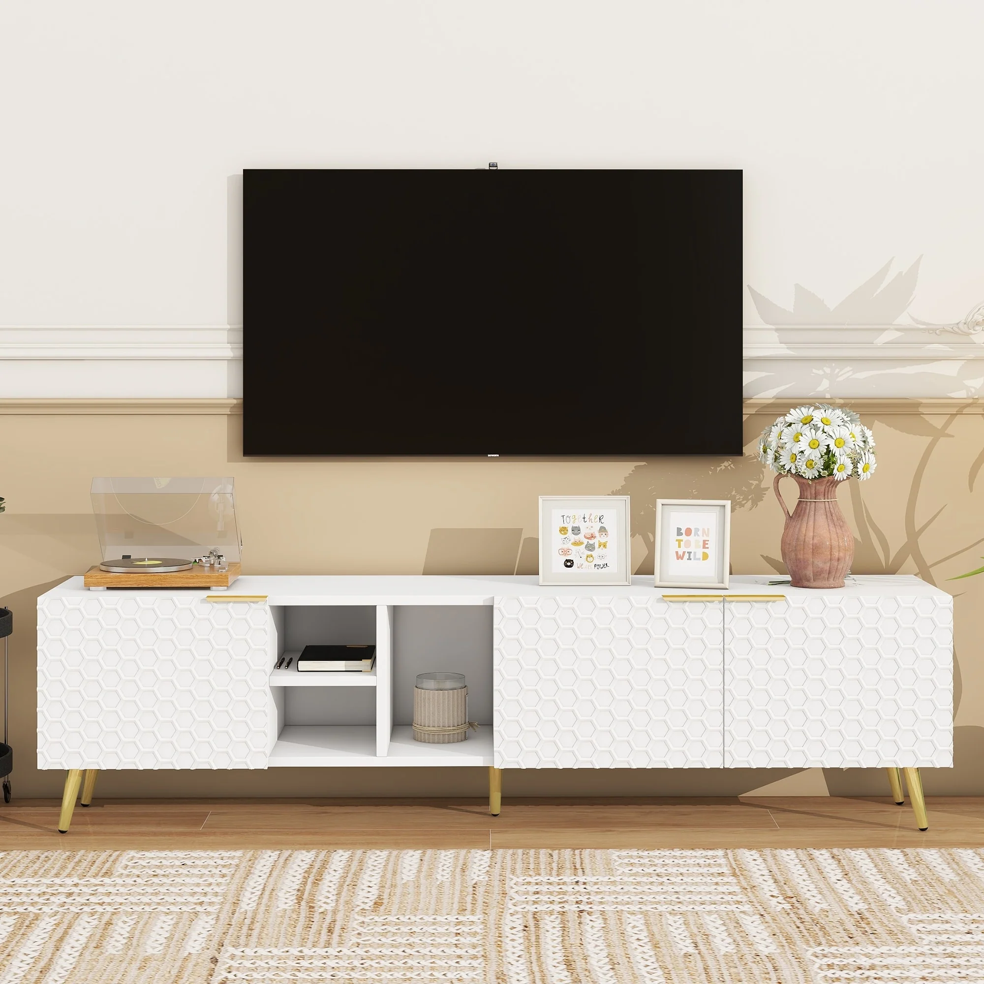 Modern White TV Cabinet with Metal Handles and Gold Legs TV Stand with Storage Cabinets for Livingroom