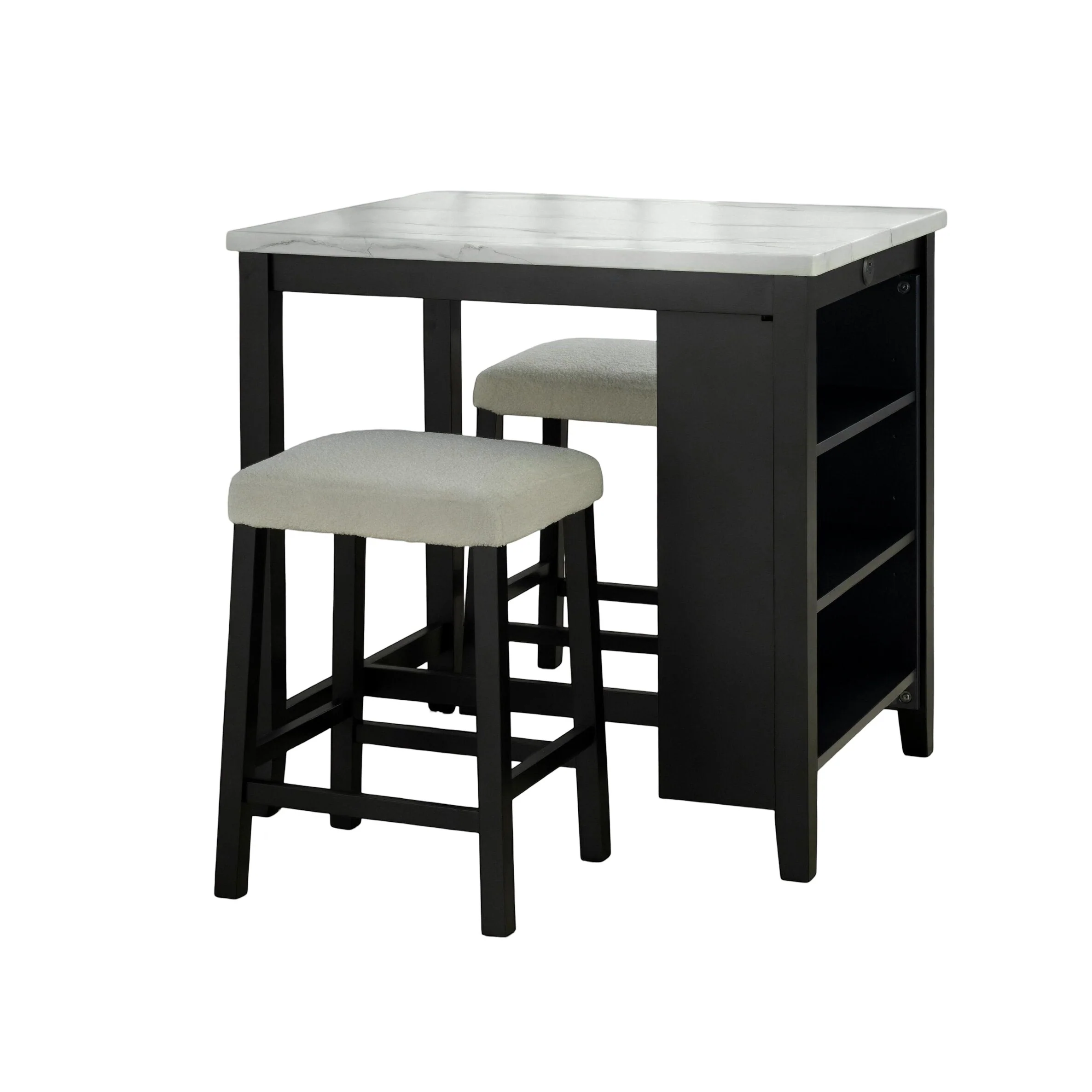 Dining Table Storage Side Shelves 2x Stools High Gloss Table Top / 3pc Dining Set