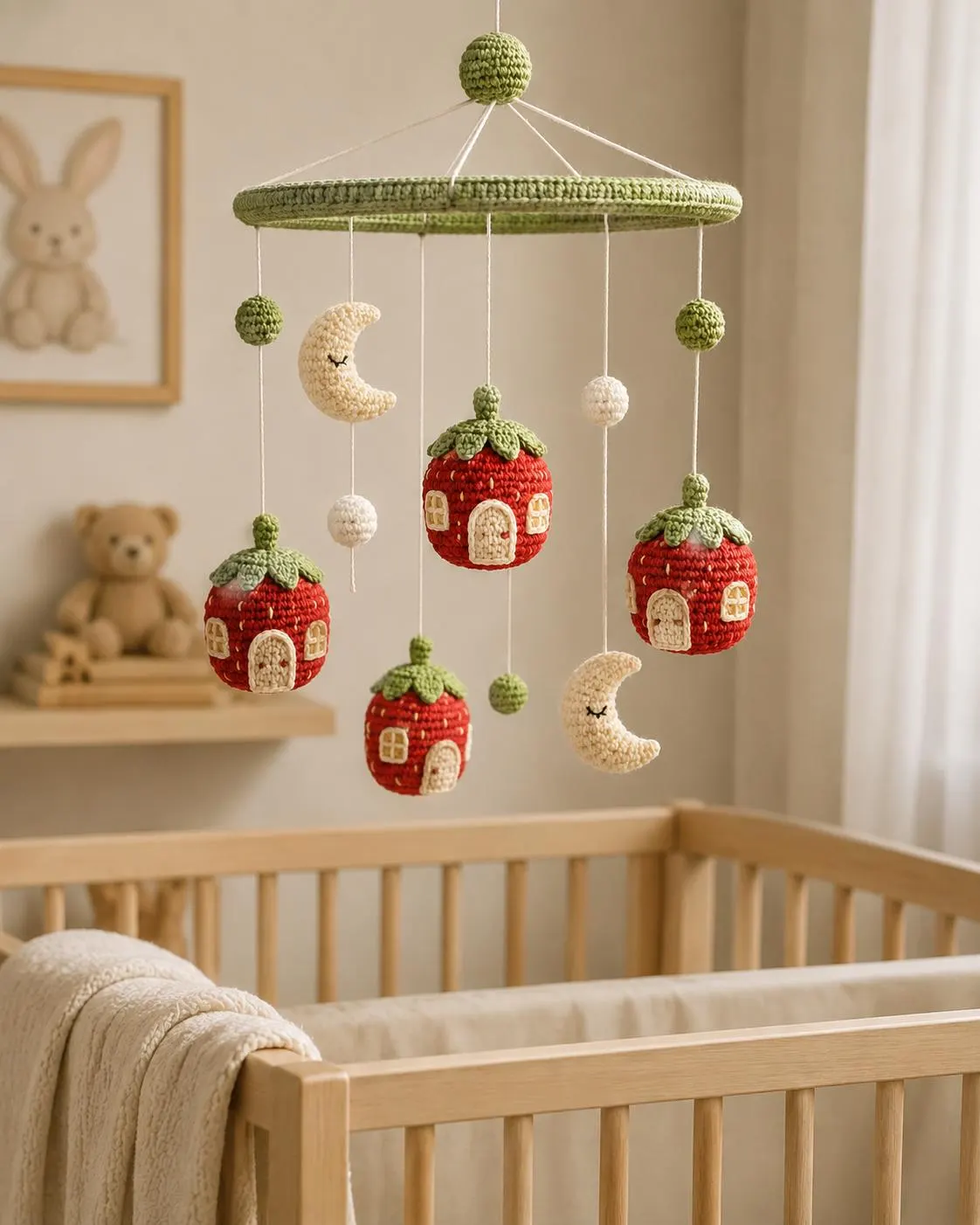 Stitch Berry House Hanging - Moonlit Strawberry Cottages Mobile for Whimsical Nursery Ceiling Art