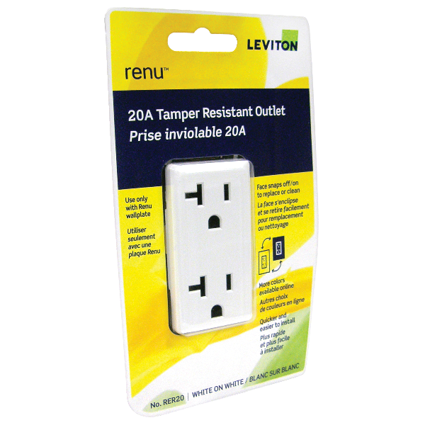 Leviton RER20-744 Renu Tamper-Resistant Side/Back Wired NEMA 5-20R Receptacle, 20A, 125V, White