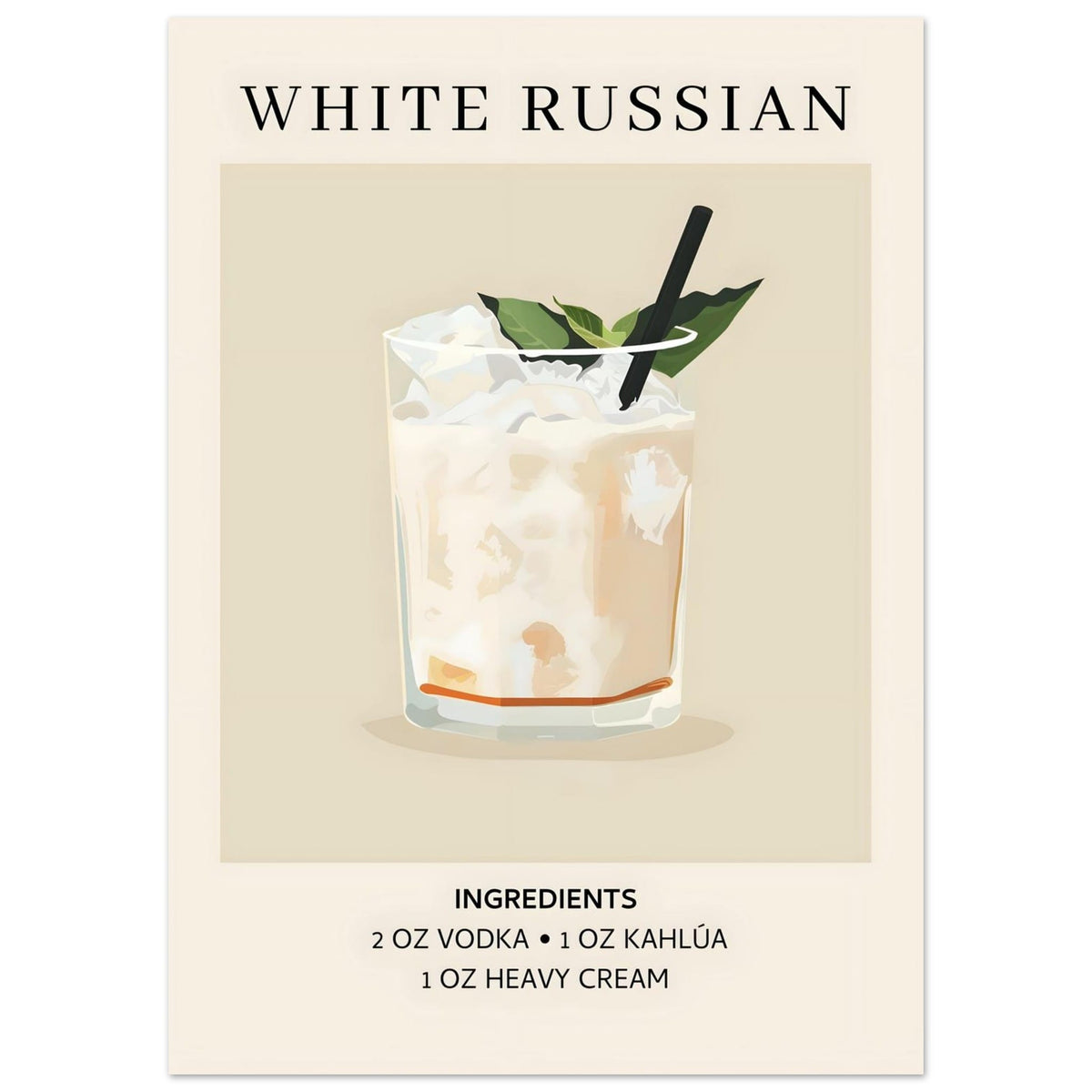 Artfulprints Poster White Russian cocktail - Ingrediënten  - 50x70 cm - Wit