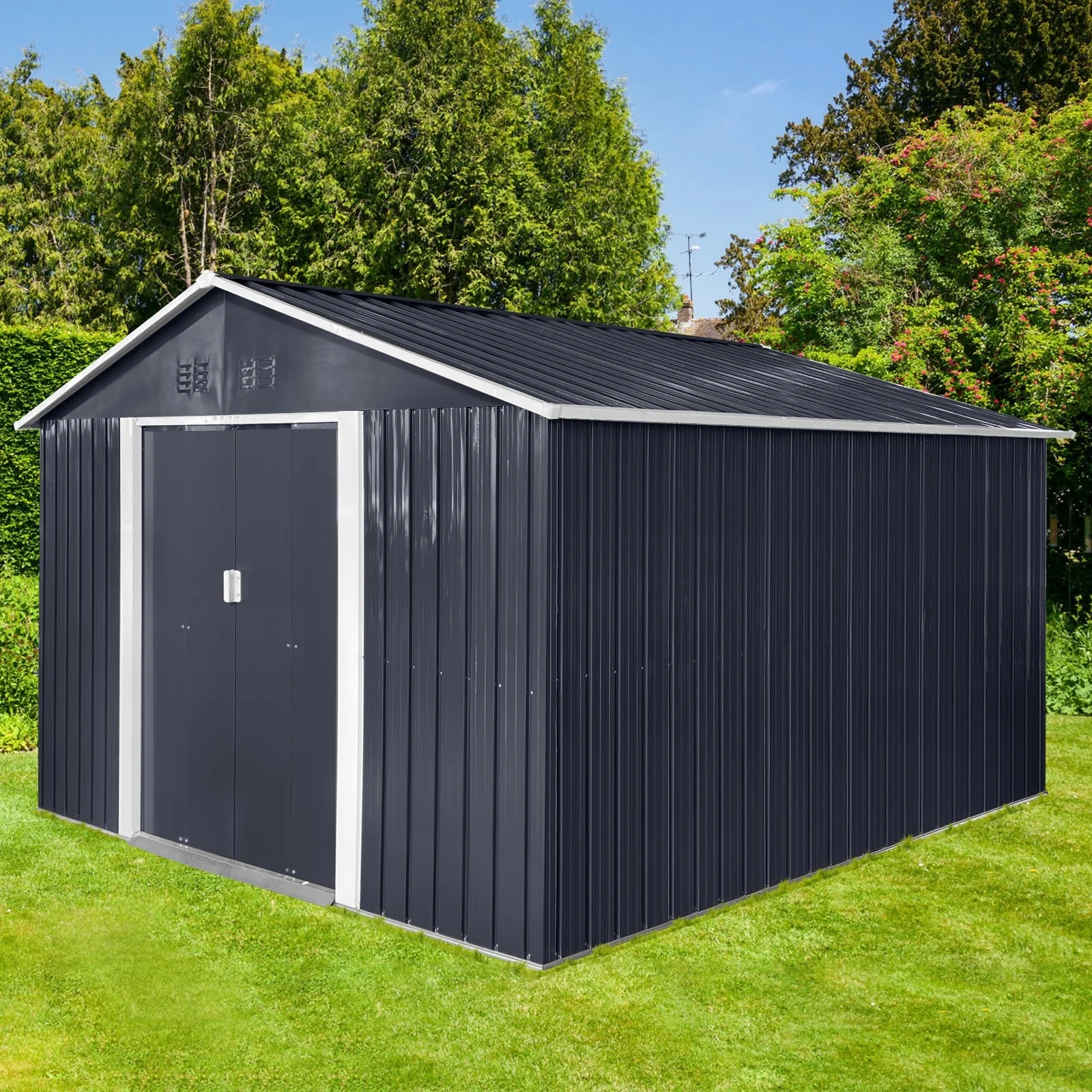 GDFStudio - Nolan 11.2x10.6 FT Metal Garden Shed with Sliding Door and Ventilated Window Design