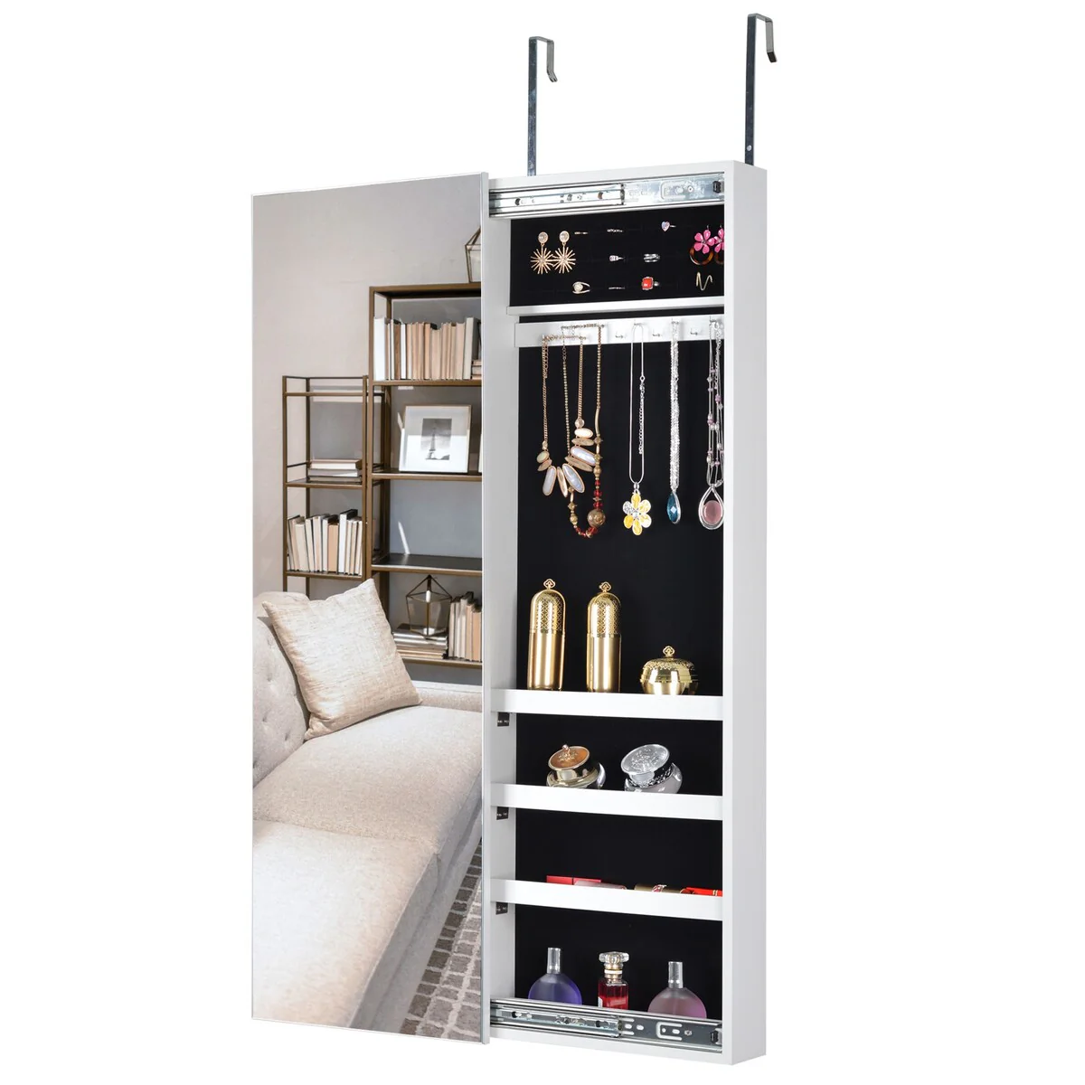 Full-Length Mirror Jewelry Armoire, Jewelry Storage Mirror Cabinet with LED Lights