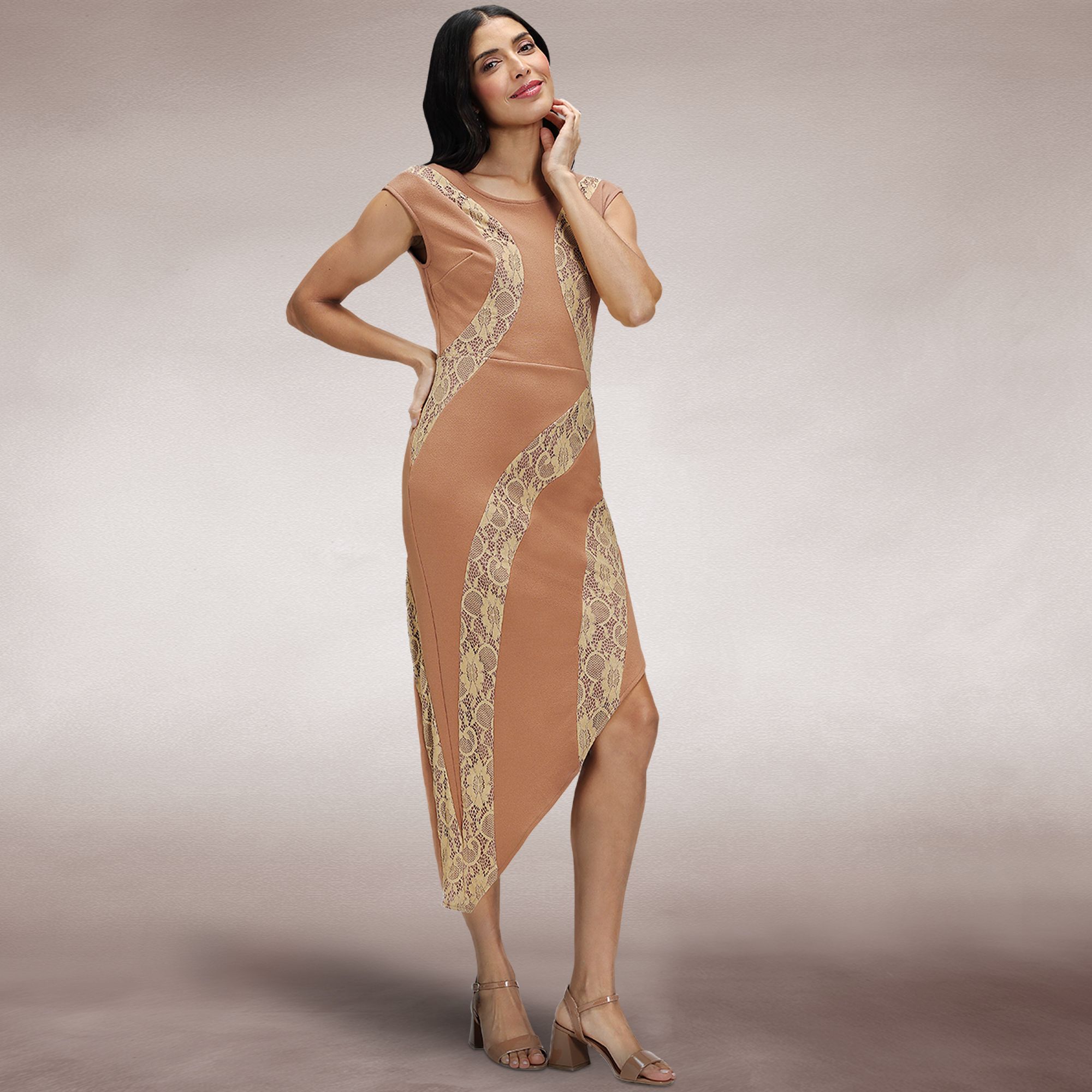 Hot Squash Bodycon Dress with Lace Panelling
