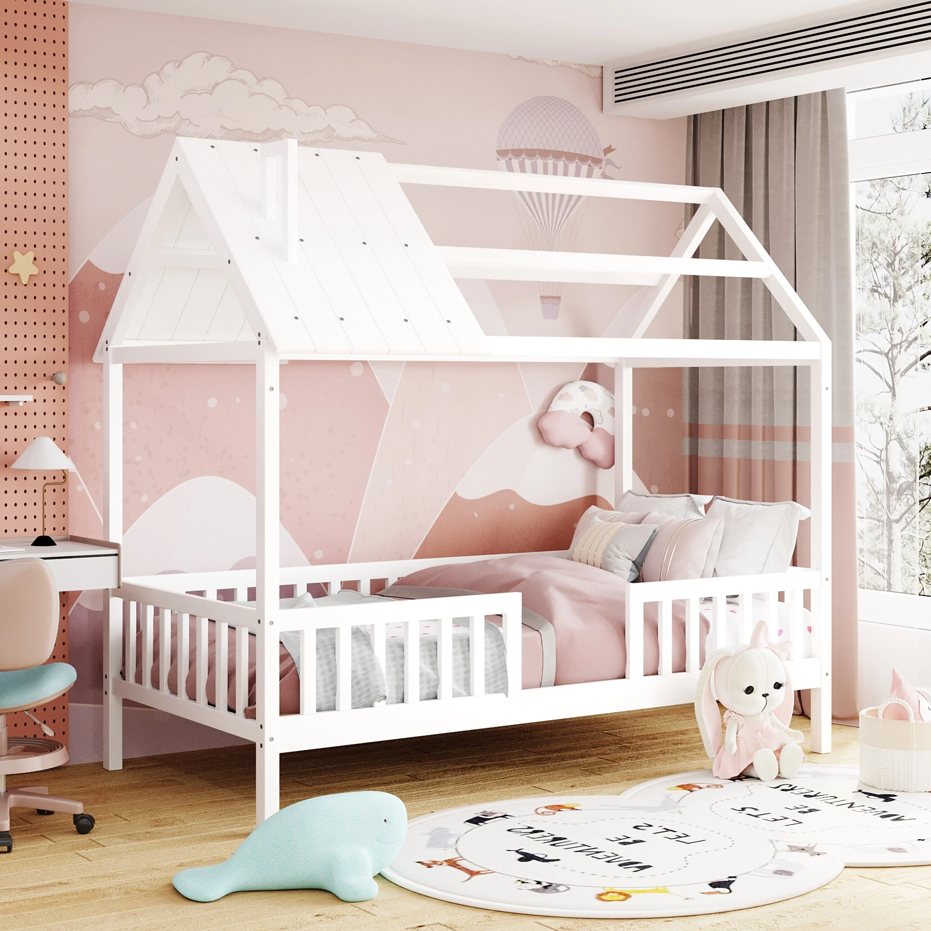 Twin Size House Bed with Fence, Semi-enclosed Play Platform Bed with Roof and Chimney Decoration, for Kids Bedroom