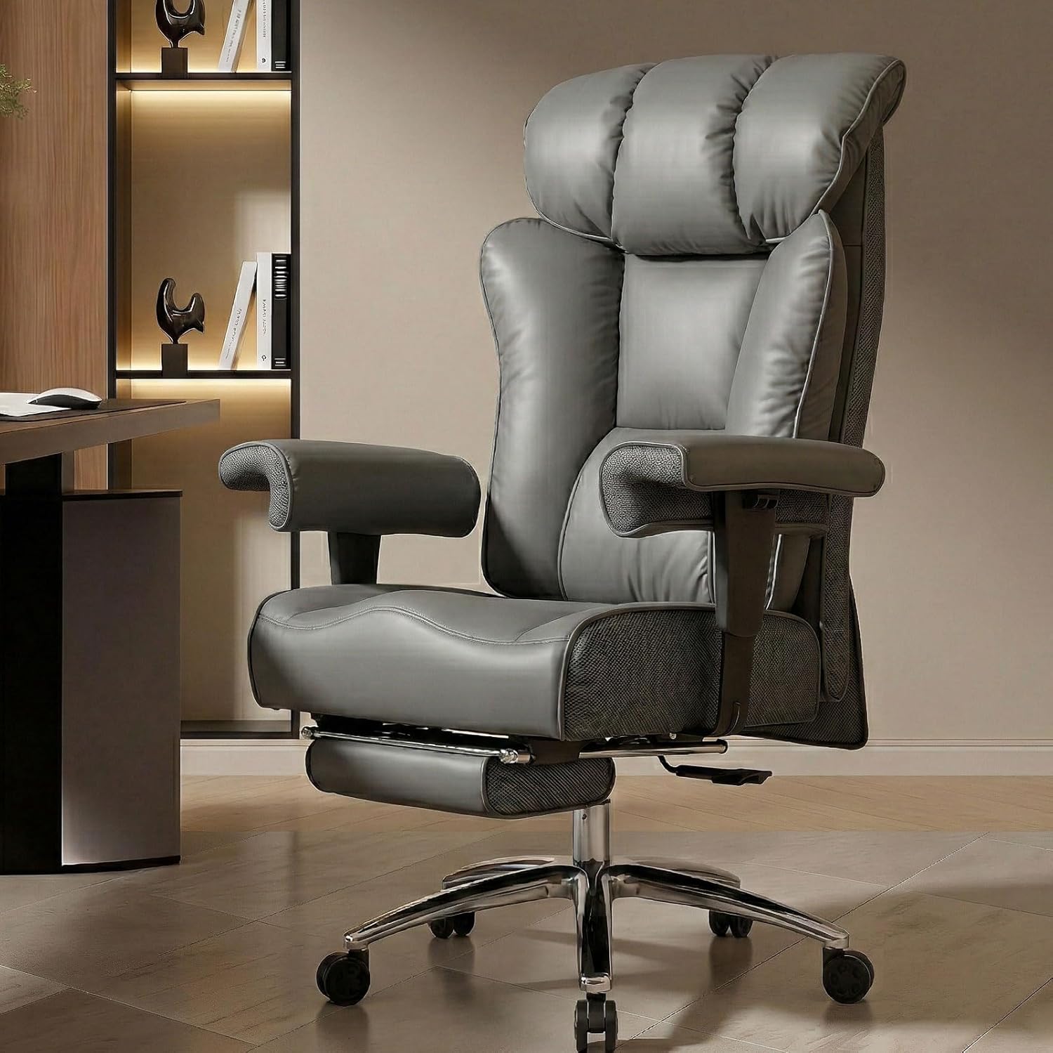 Efomao Big and Tall Office Chair 400lbs - Heavy Duty Executive Desk Chair with Foot Rest & 23 Wide Seat - High Back Ergonomic Leather Computer Chair for Heavy People, Home Office, Grey