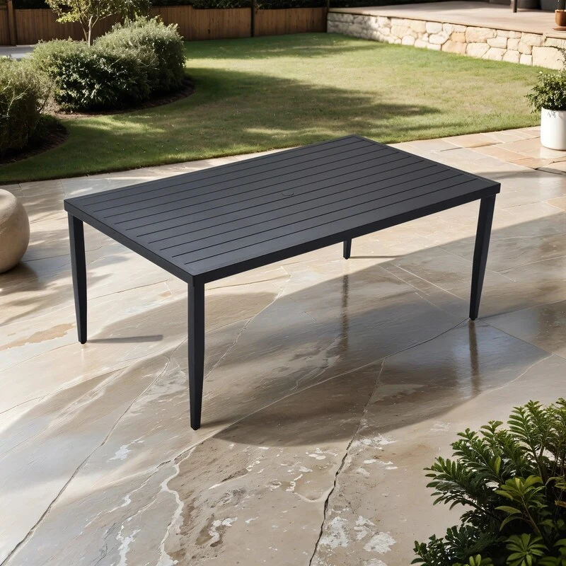 40 x 70 Outdoor Patio Aluminum Rectangle Dining Table with Tapered Feet and Umbrella Hole – Ember Black‌