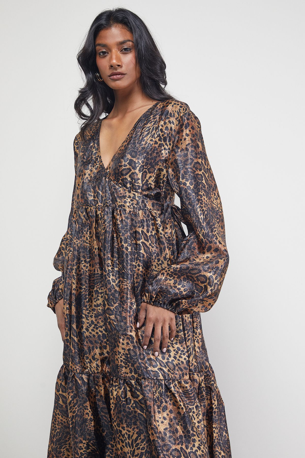 Warehouse Textured Organza Wrap Tier Smock Midi Dress
