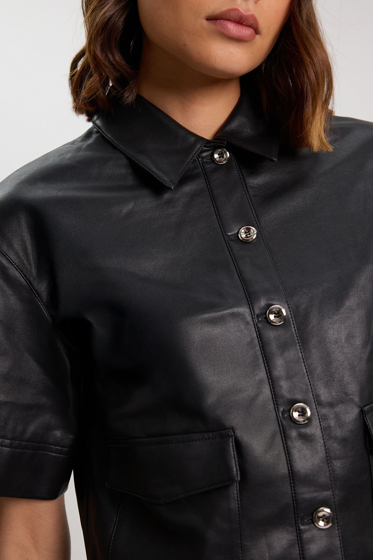 KarenMillen Faux Leather Boxy Cropped Shirt