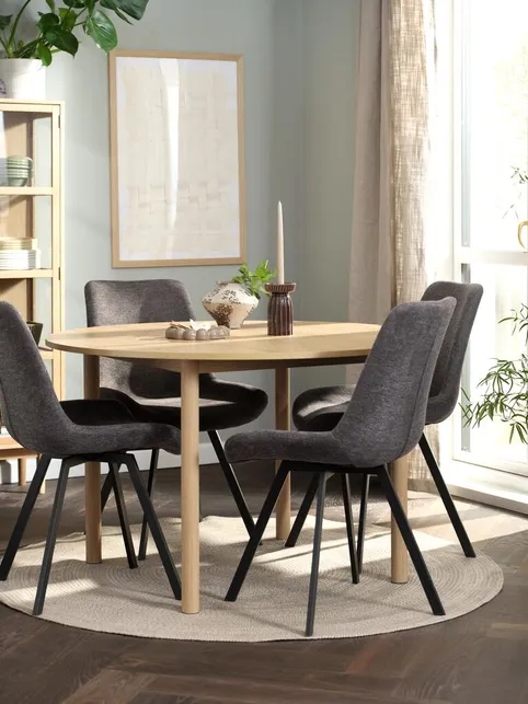 ALSTED Ø120 bord natur eg + 4 HYGUM stole grå