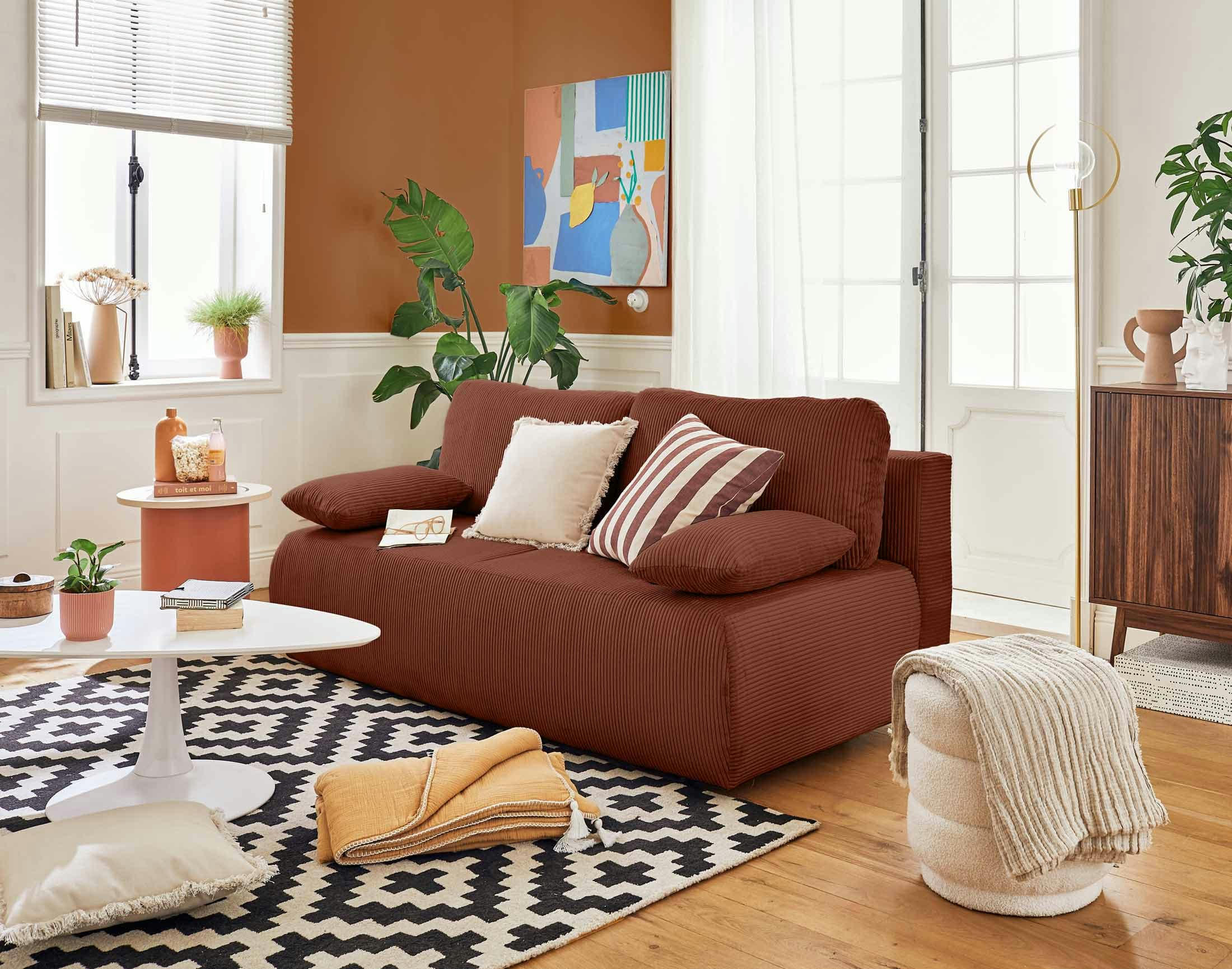 LOUTRO - Canapé droit convertible 3 places en velours côtelé terracotta