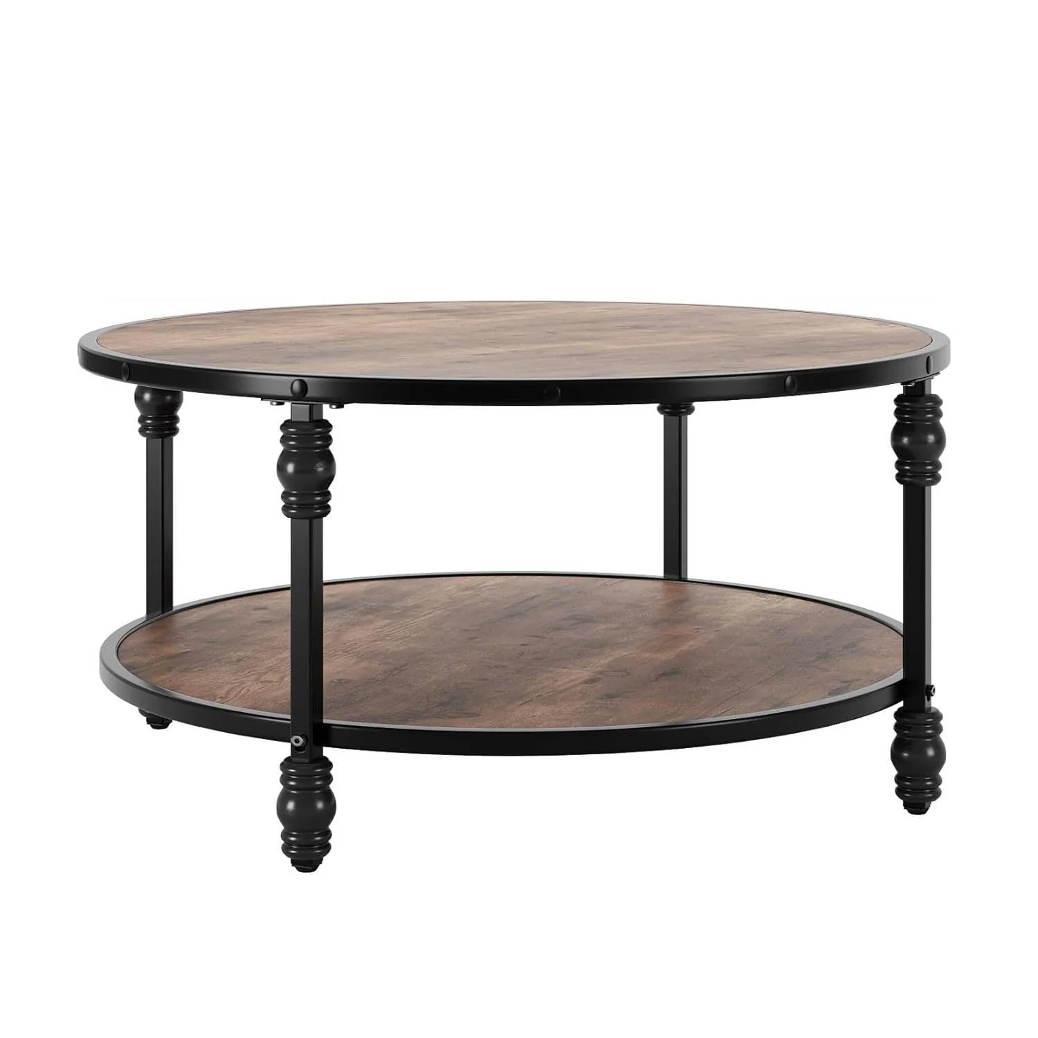 Rustic Circle Coffee Table with Storage Shelf