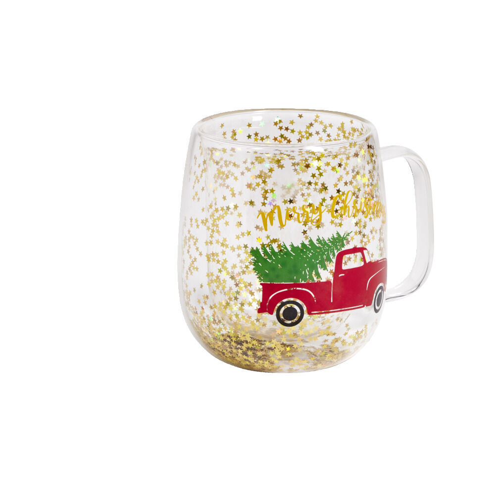 Mug No&euml;l verre transparent paillettes dorées 350ml