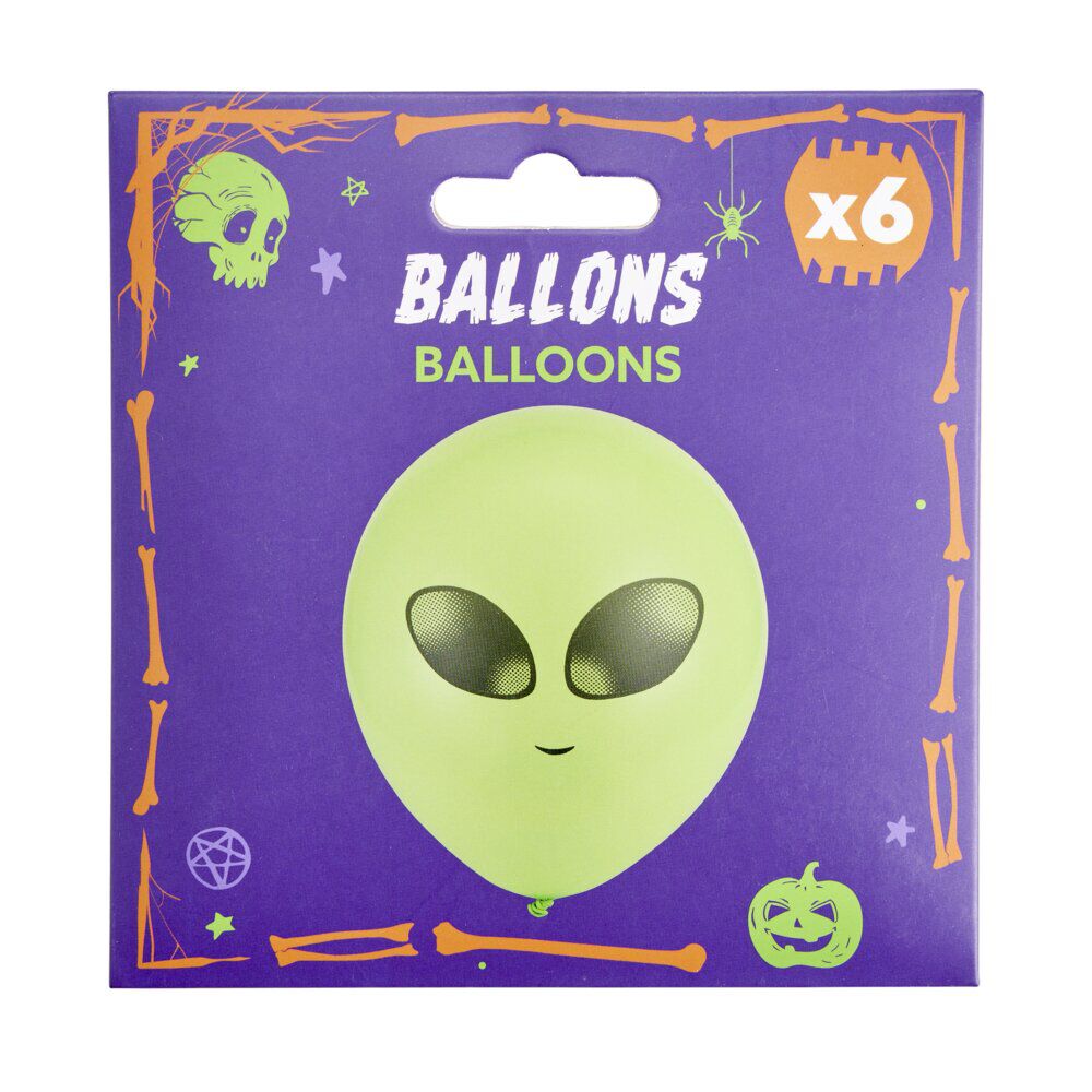 Ballon Halloween x6 alien vert Ø12cm