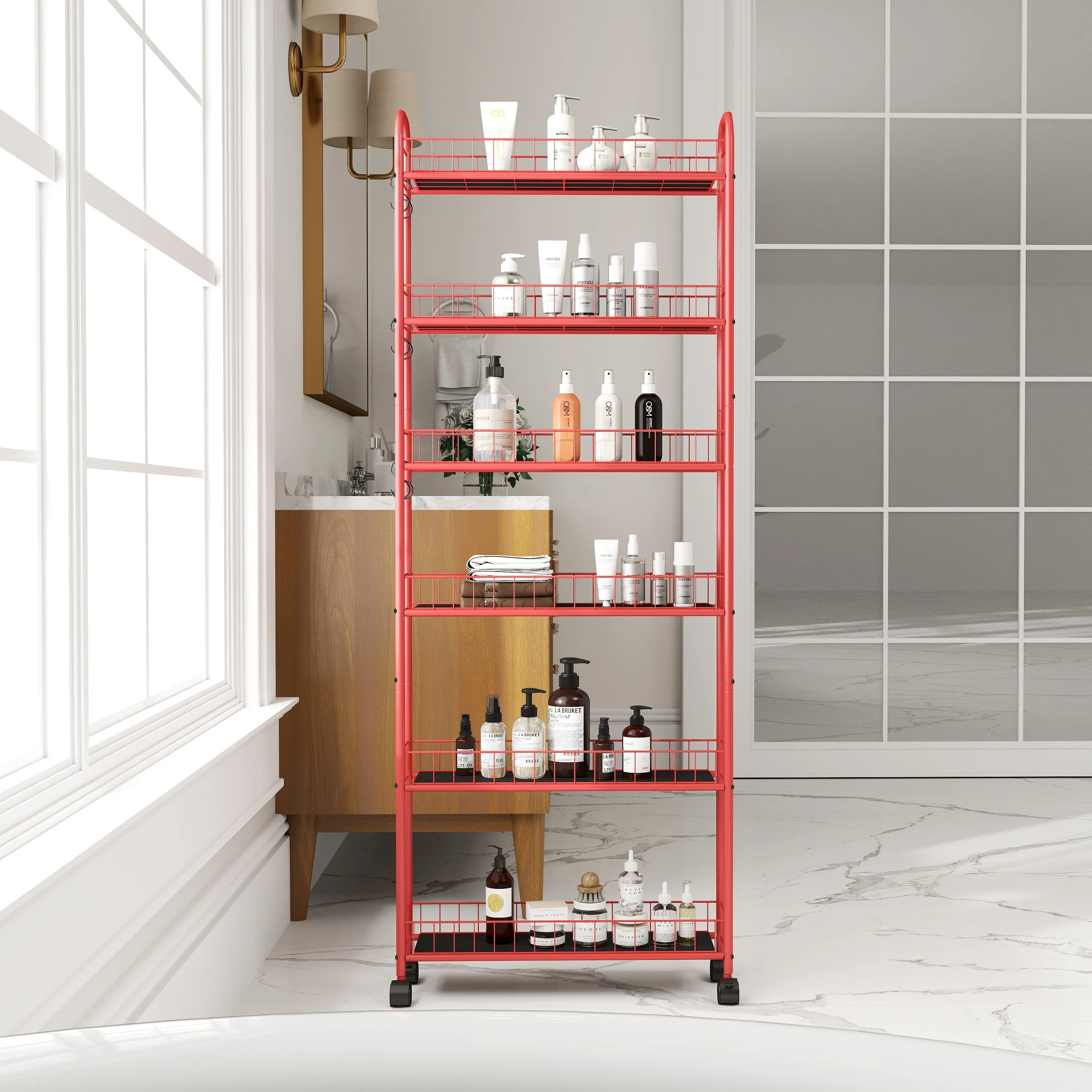 Red 6-Tier Rolling Cart Gap Kitchen Slim Slide Out Storage Tower Rack With Wheels(no include stool)