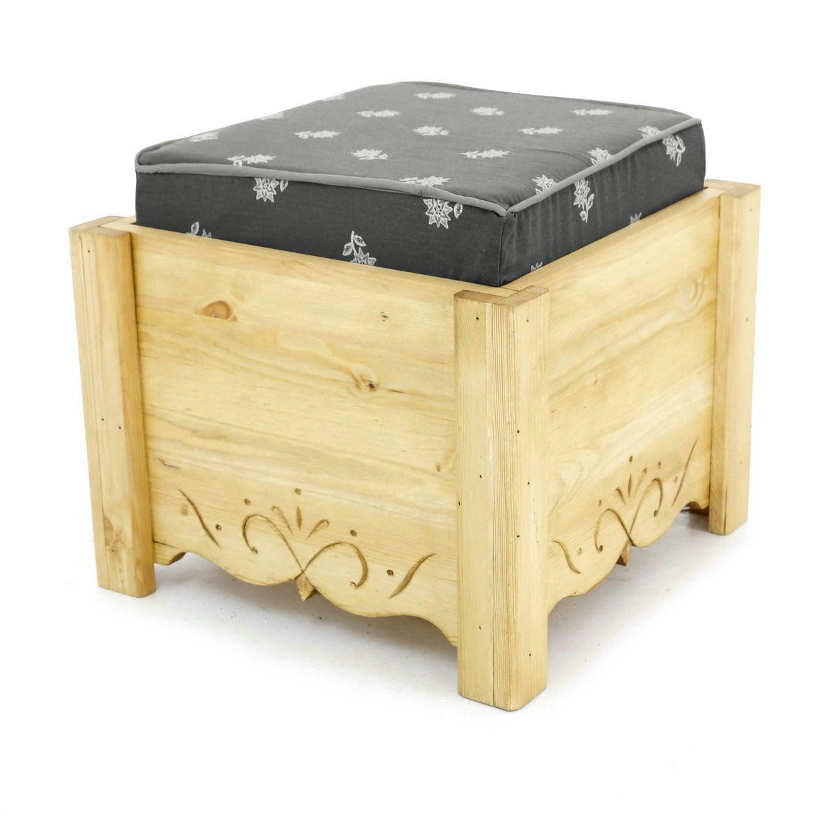 DAHU - Pouf coffre de rangement pin massif sculpté Edelweiss gris Aspin
