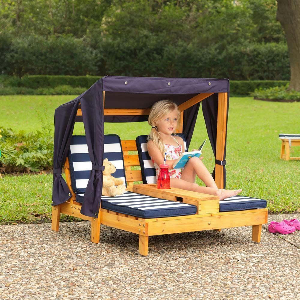 - Double chaise longue enfant avec porte-gobelets blanc et bleu