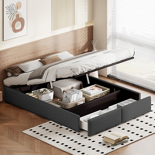 Lit rembourré coffre 160x200 cm avec 2 tiroirs, lit adulte avec sommier à lattes, sans tête de lit, tissu en lin, gris