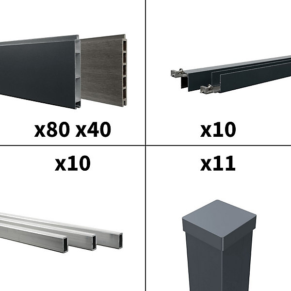 Kit Clôture Aluminium BAHIA &CRUZ Ardoise 18,33x1,8m - Bois Composite &Aluminium - Poteaux Gris - Brise Vue - Palissade