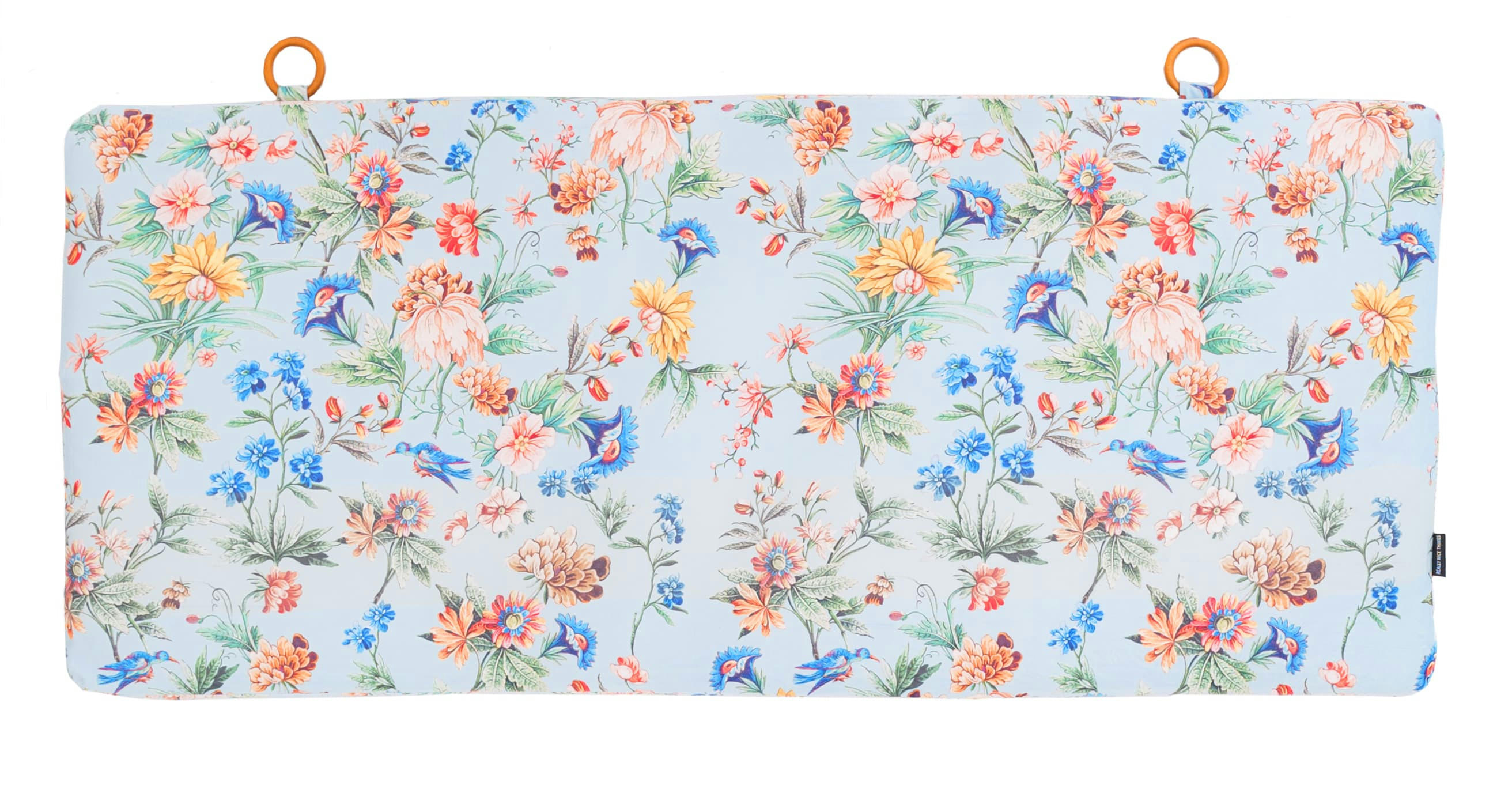 VELVET FABRIC HEADBOARD - Tête de lit en velours et mousse imprimé floral, fond bleu clair.