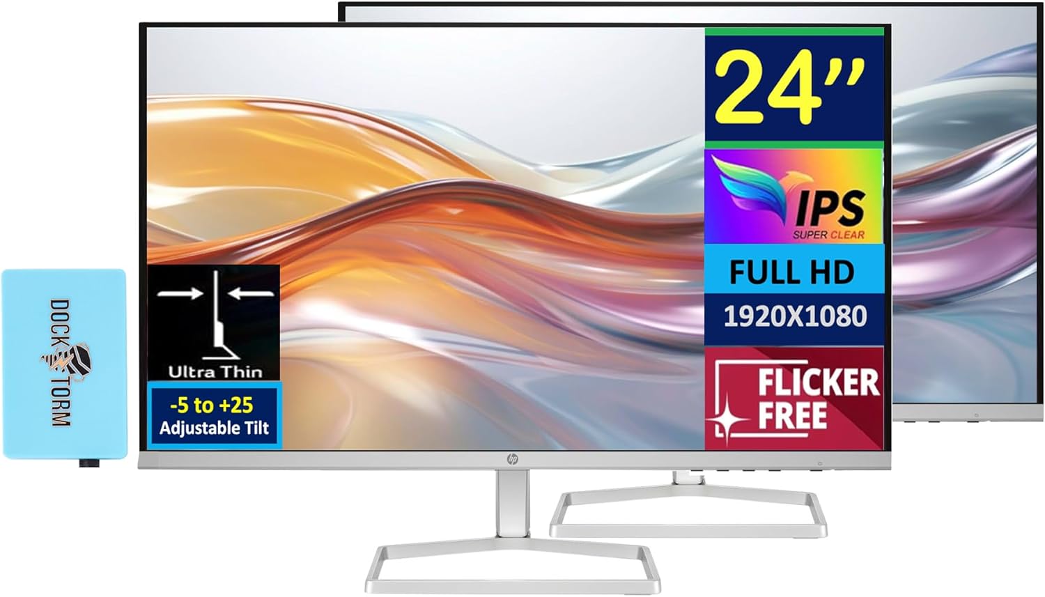 HP Series 5 524sw 24 300 nits IPS FHD Monitor (Replaces M24FW) Adjustable Tilt  Flicker Free  Anti-glare  Ultra-thin  Low-Blue Light Filter  1x HDMI  White/Silver w/DKZ Hub USB Port Expander (2 Pack)