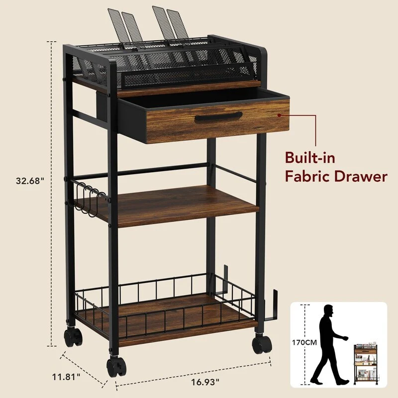 Metal Utility Cart with Storage Drawer and Wheels - 34.7D x 9.3W x 16.9H