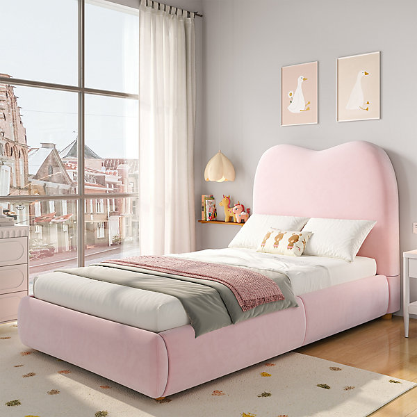 Lit Enfant 90x200 cm, Lit Coffre Simple avec Rangement Hydraulique et Tête de Lit Rembourrée en Velours, Sans Matelas - Rose
