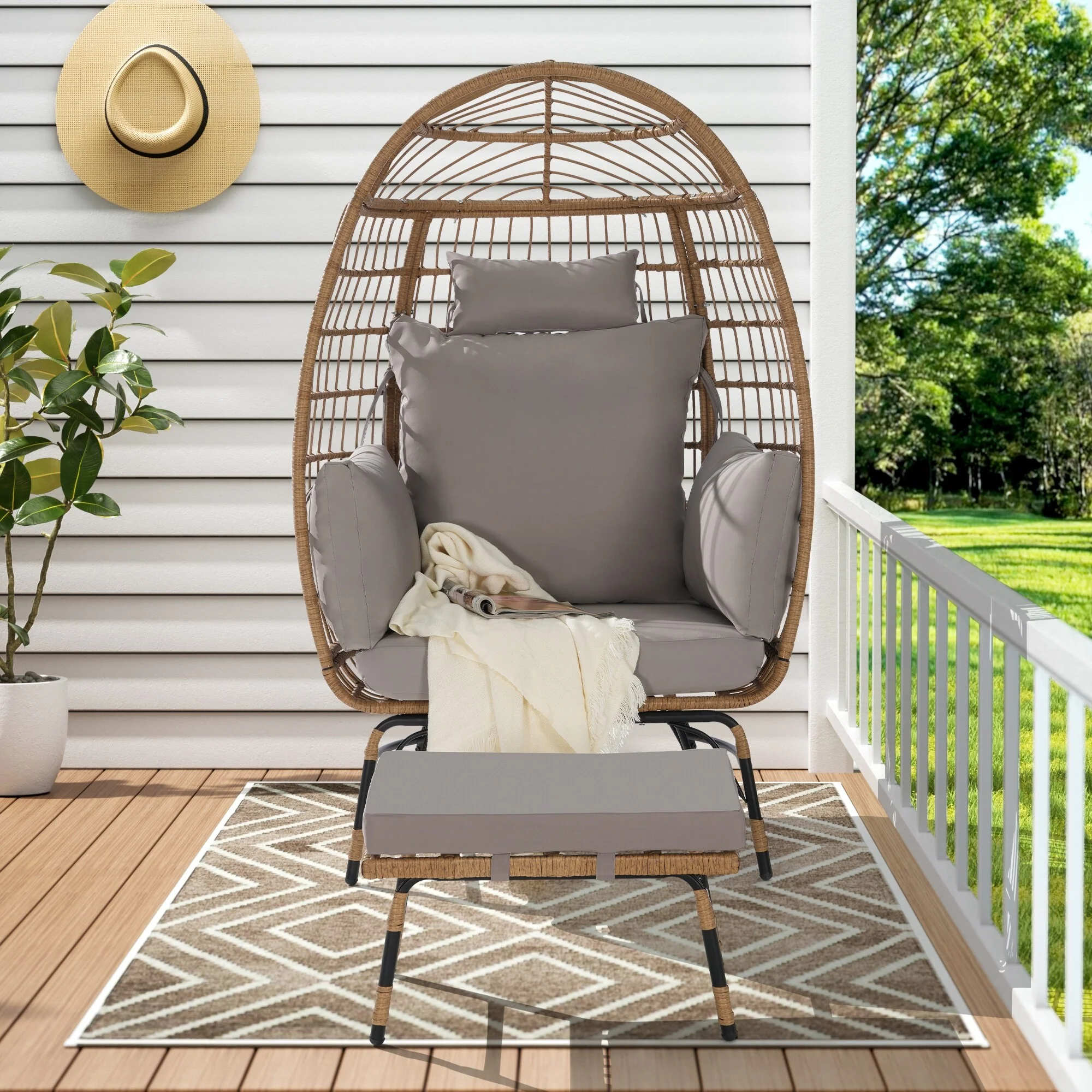 Rattan Egg Chair Basket Chairs with Ottoman Patio Lounge Recliner Chair with Cushion & Neck Pillow for Indoor Outdoor