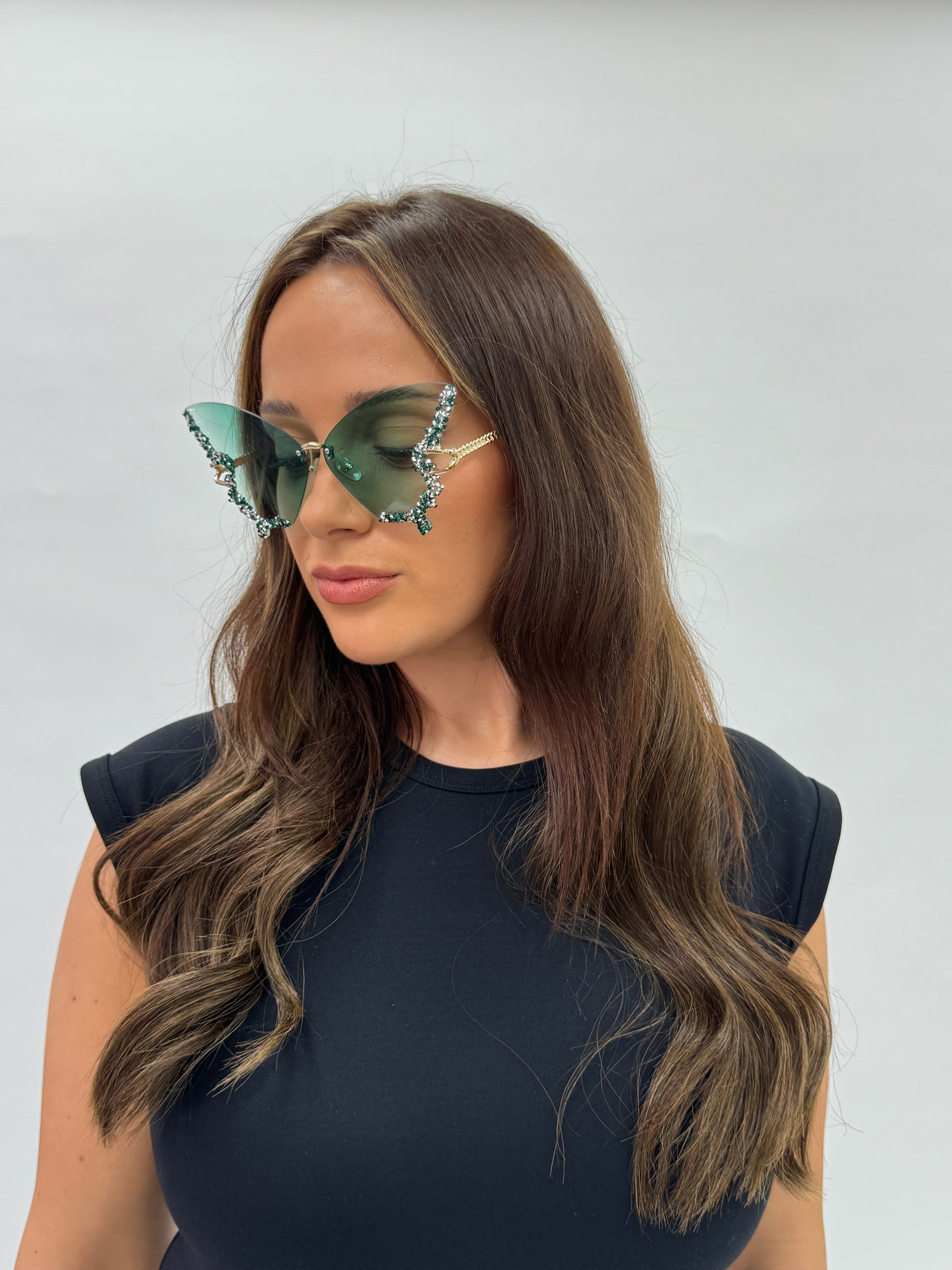SVNX Butterfly Shaped Lens with Crystal Detail in Green