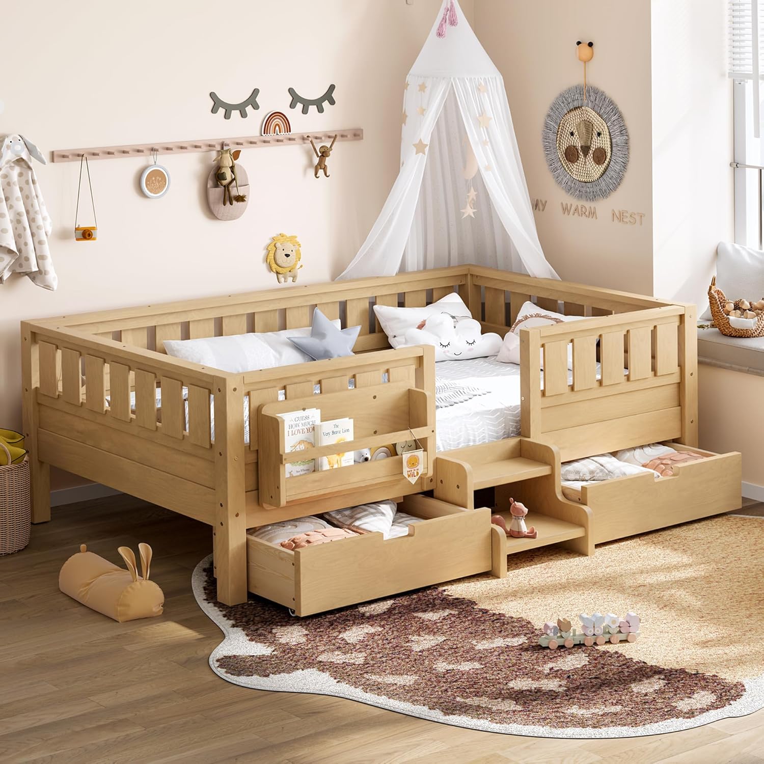 Bellemave Twin Size Bed with Slats and Stairs, Twin Size Platform Bed Frame with Fence, Bookshelf and Storage Drawers, Easy Assemble Beds for Girls, Boys, Light Natural
