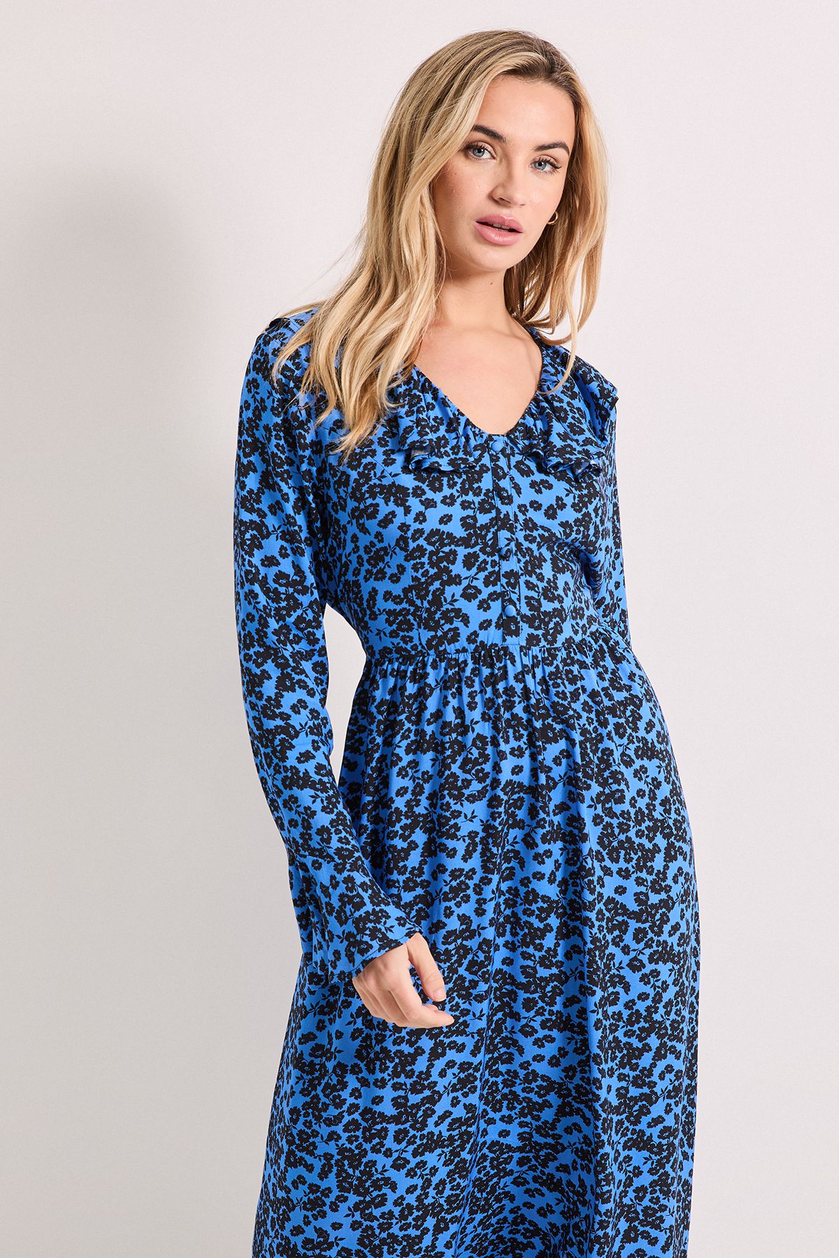 Dorothy Perkins Blue Floral Frill Neck Button Front Printed Midi Dress