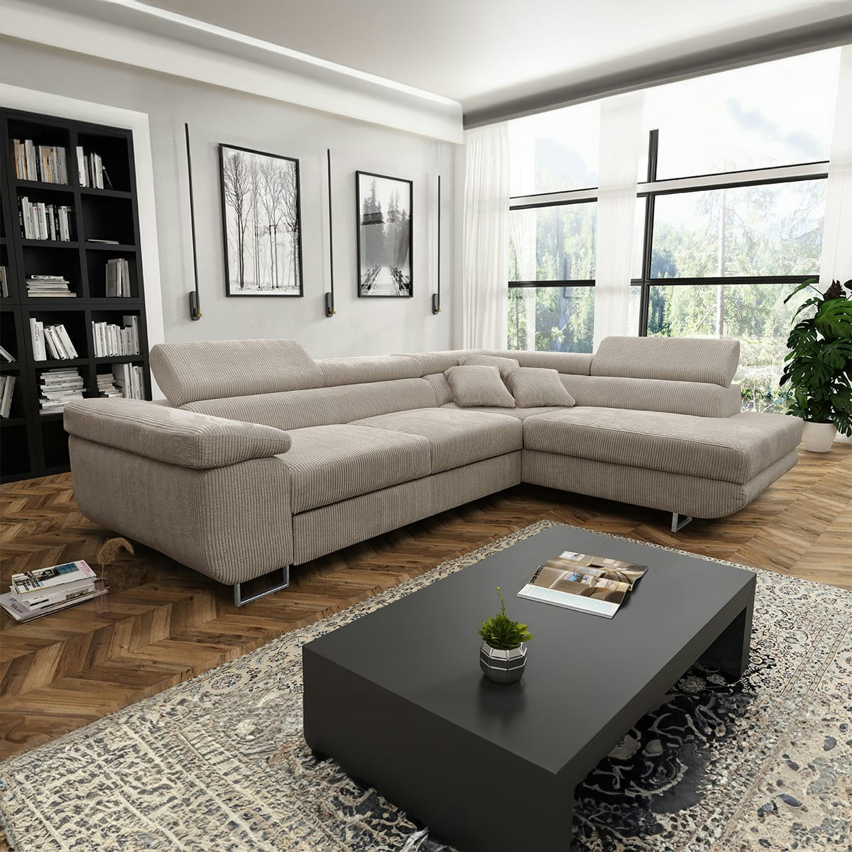 - Canapé d'angle convertible droit 4 places coffre velours côtelé taupe