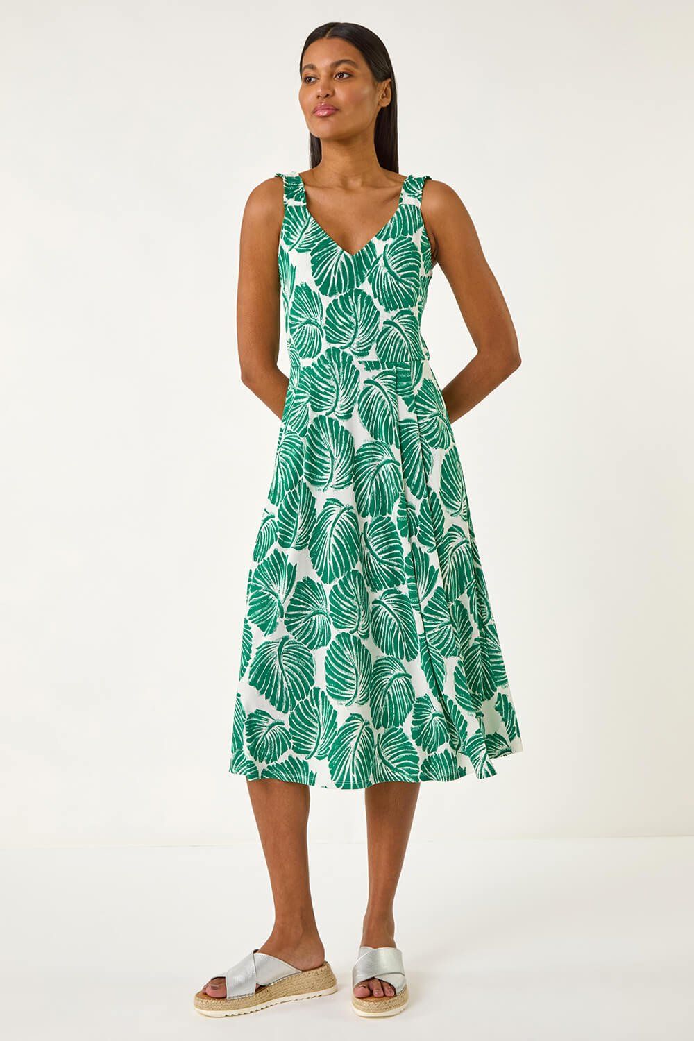 Roman Leaf Print V-Neck Stretch Midi Dress