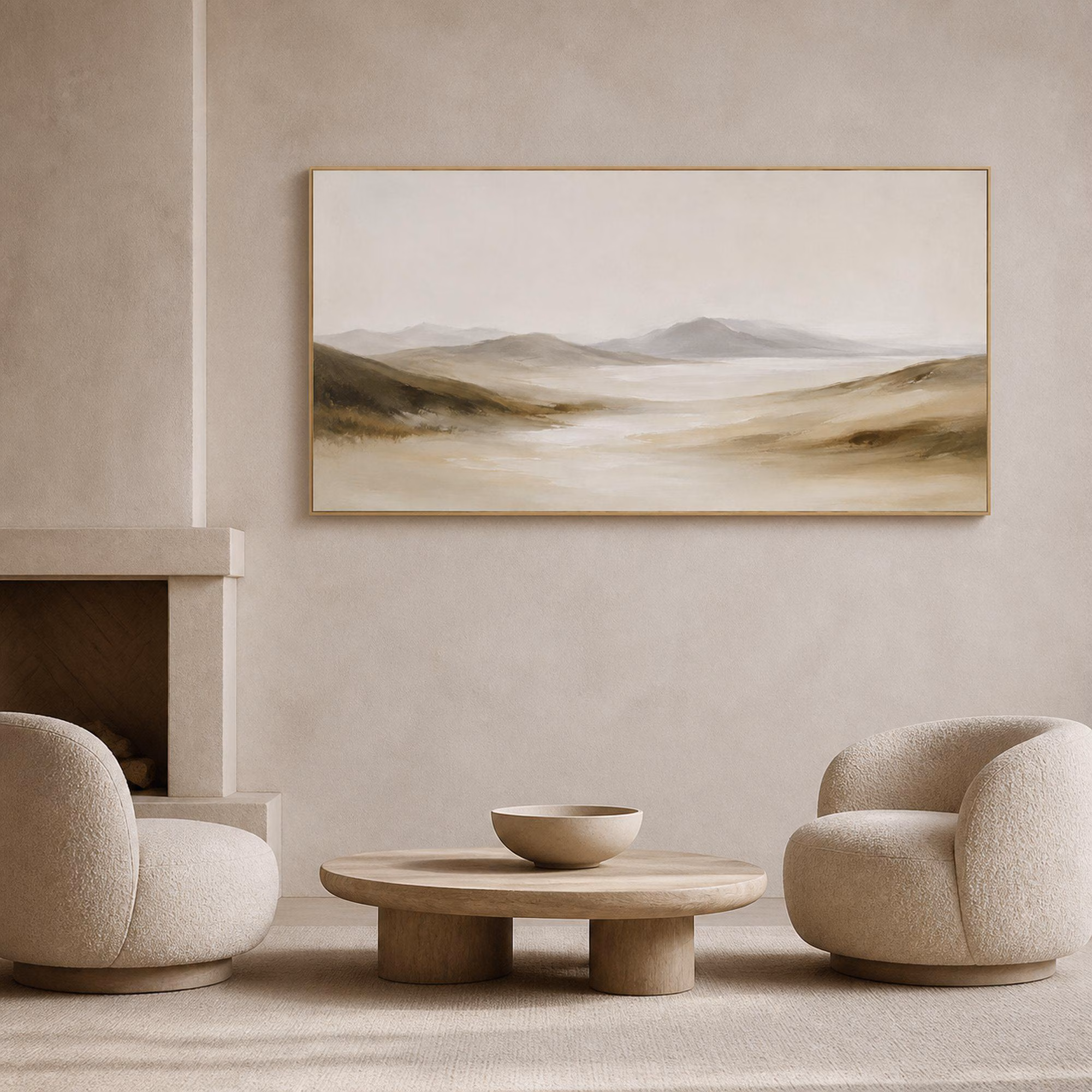 Neutral Mountain Landscape Art, Misty Ivory Valley, Panoramic Minimal Wall Decor