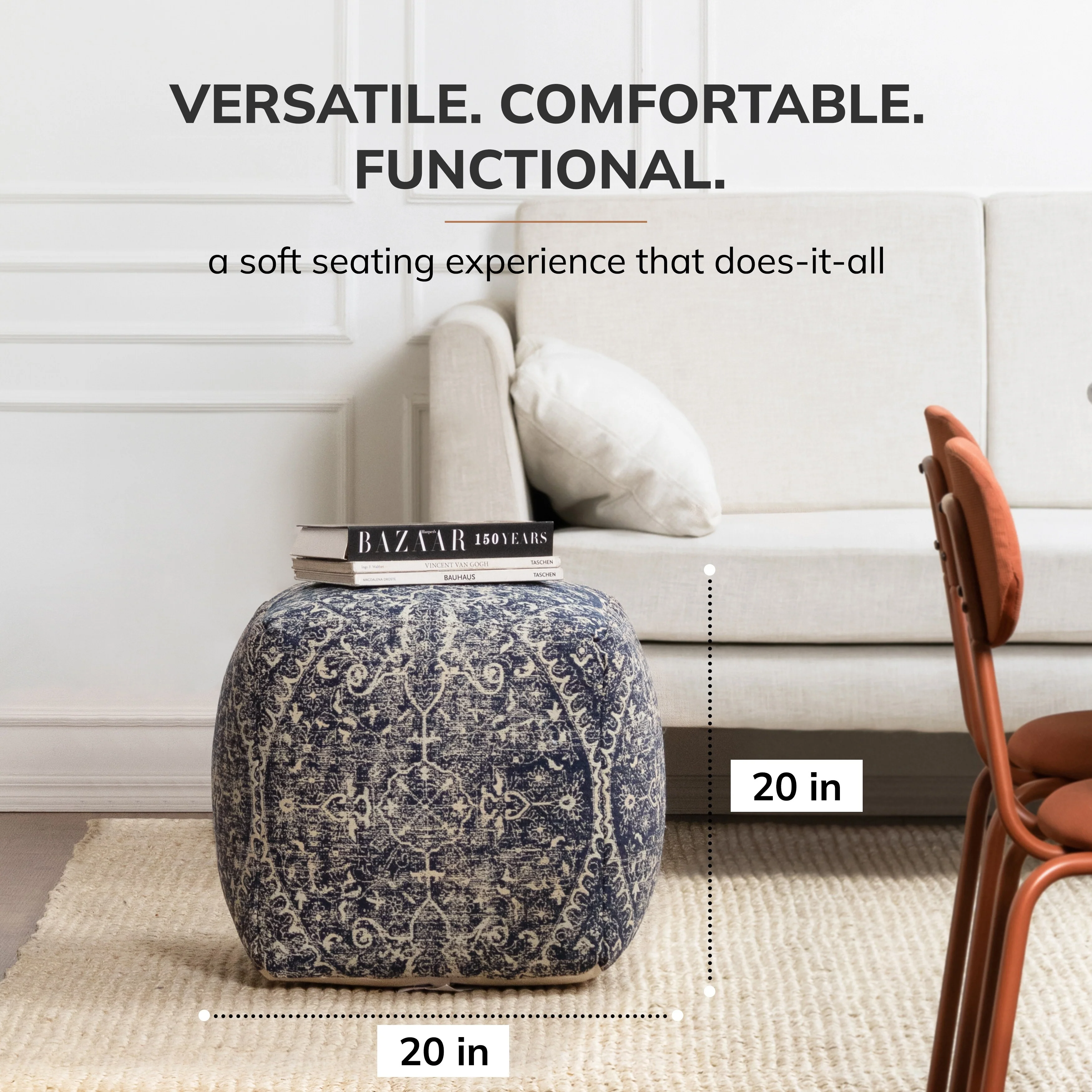 Jani Hanalei 20-inch Blue & Ivory Square Pouf Ottoman - Handmade Footrest for Living Room, Bedroom, Nursery, Kidsroom