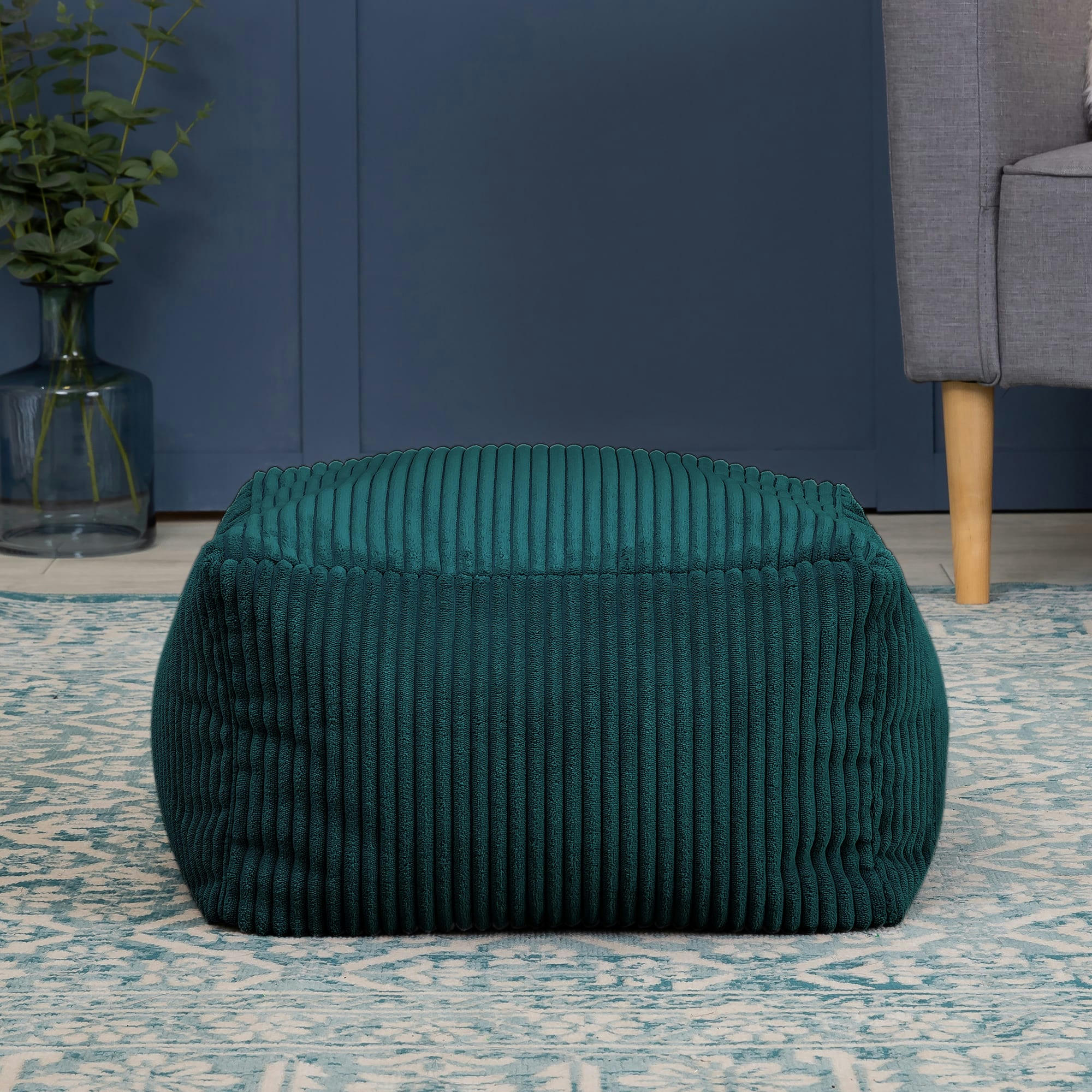 - Repose-pieds carré velours côtelé bleu canard