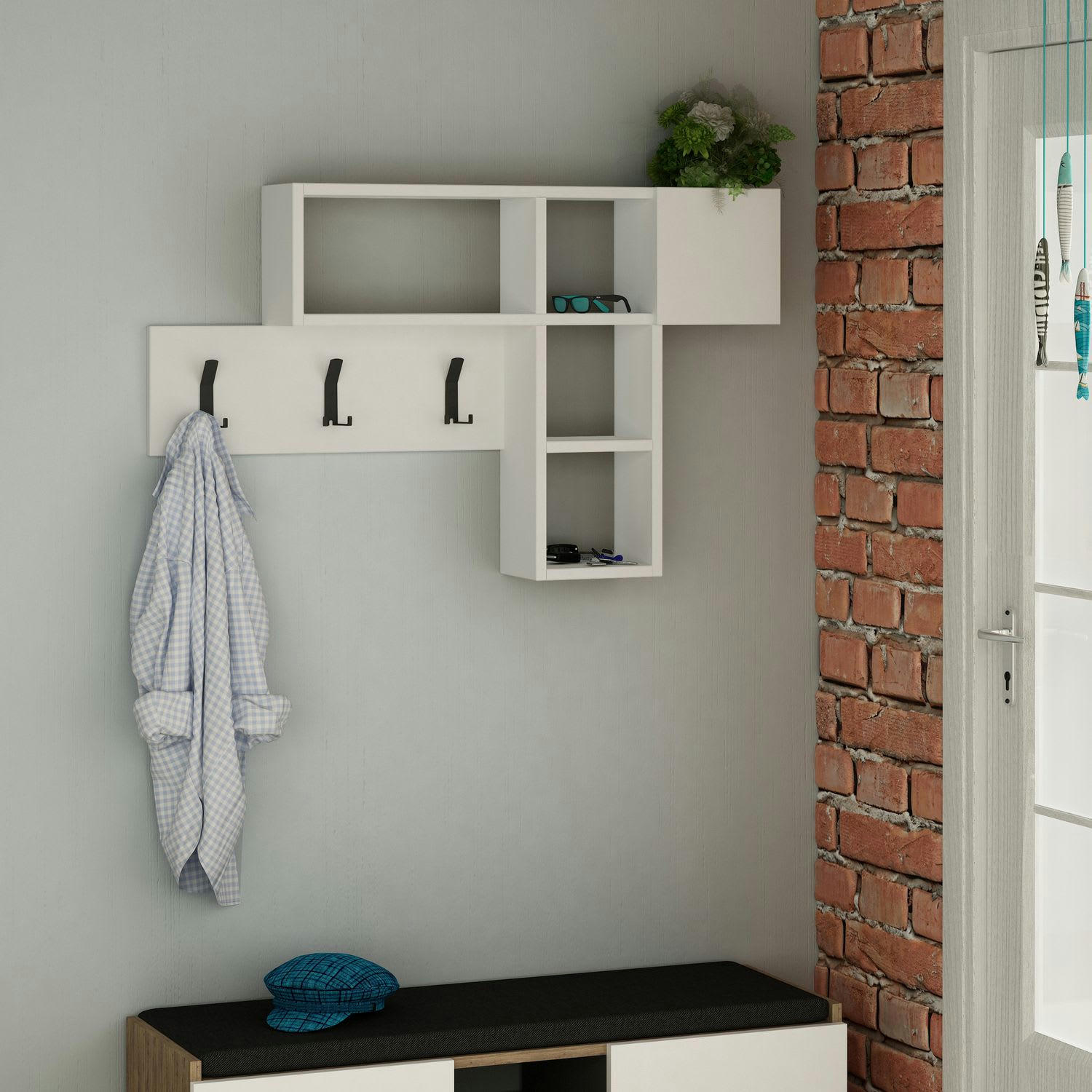 GAME - Porte manteau effet bois et métal blanc