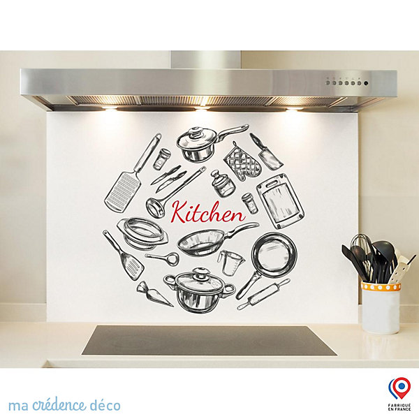 Crédence cuisine fond de hotte Dessin et ustensiles - Verre trempé - L 90 cm x H 70 cm - MaCrédenceDéco