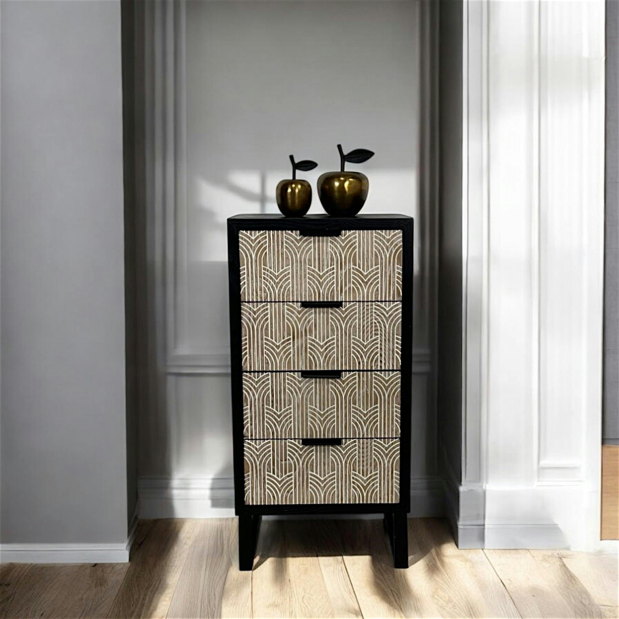 Commode 4 tiroirs bois et métal décor oriental