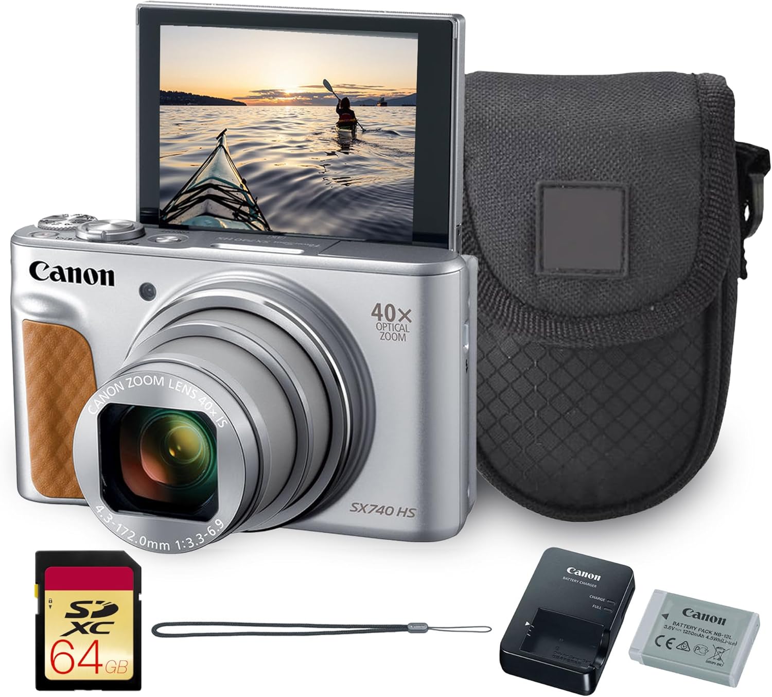 Canon PowerShot SX740 HS Digital Camera (Silver) – 20.3MP  40x Optical Zoom  4K UHD Video  Wi-Fi & Bluetooth  Compact Travel Point & Shoot (2956C001) + Bag + 64GB Memory Card