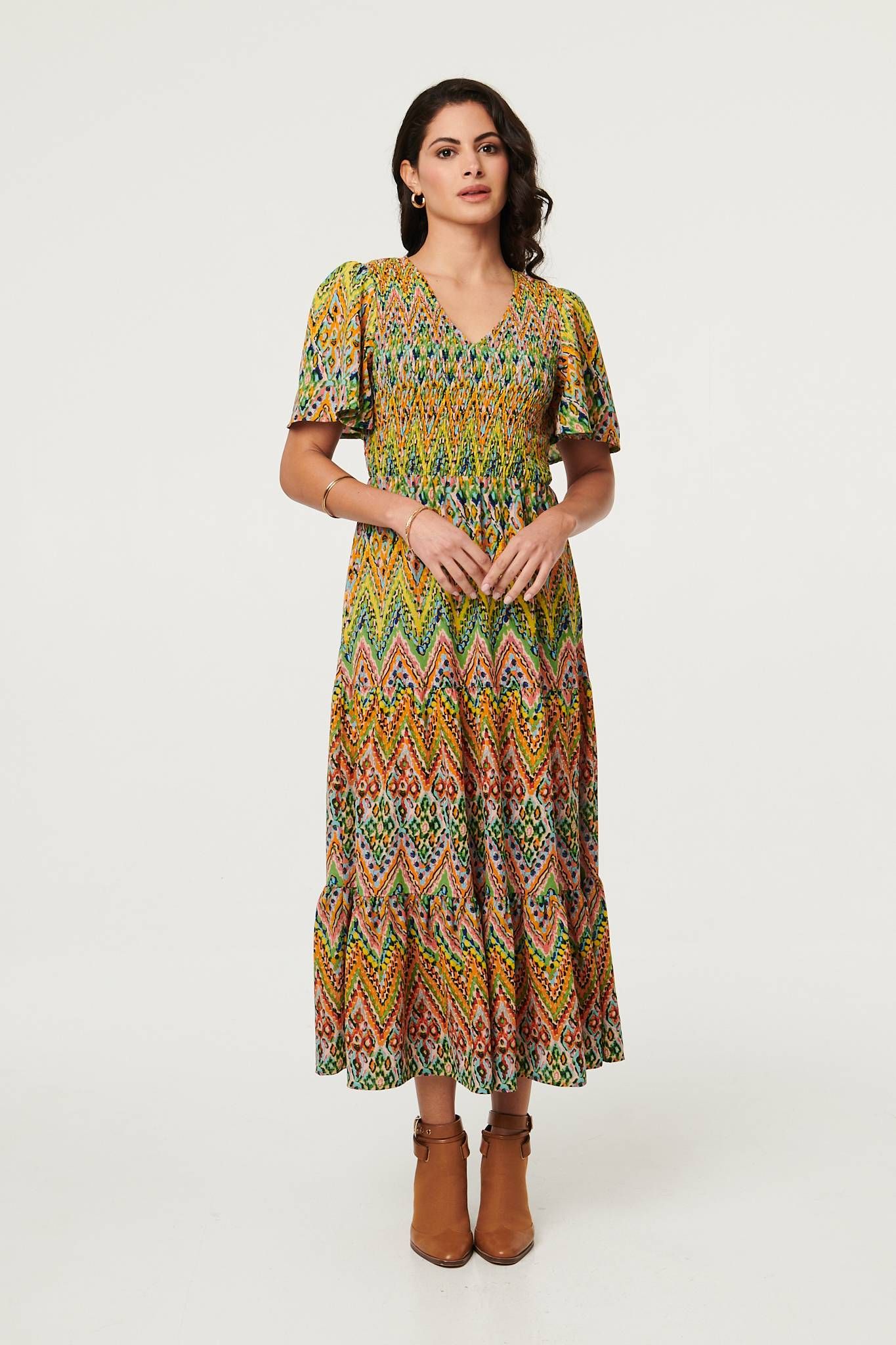 Izabel London Printed Angel Sleeve Tiered Midi Dress