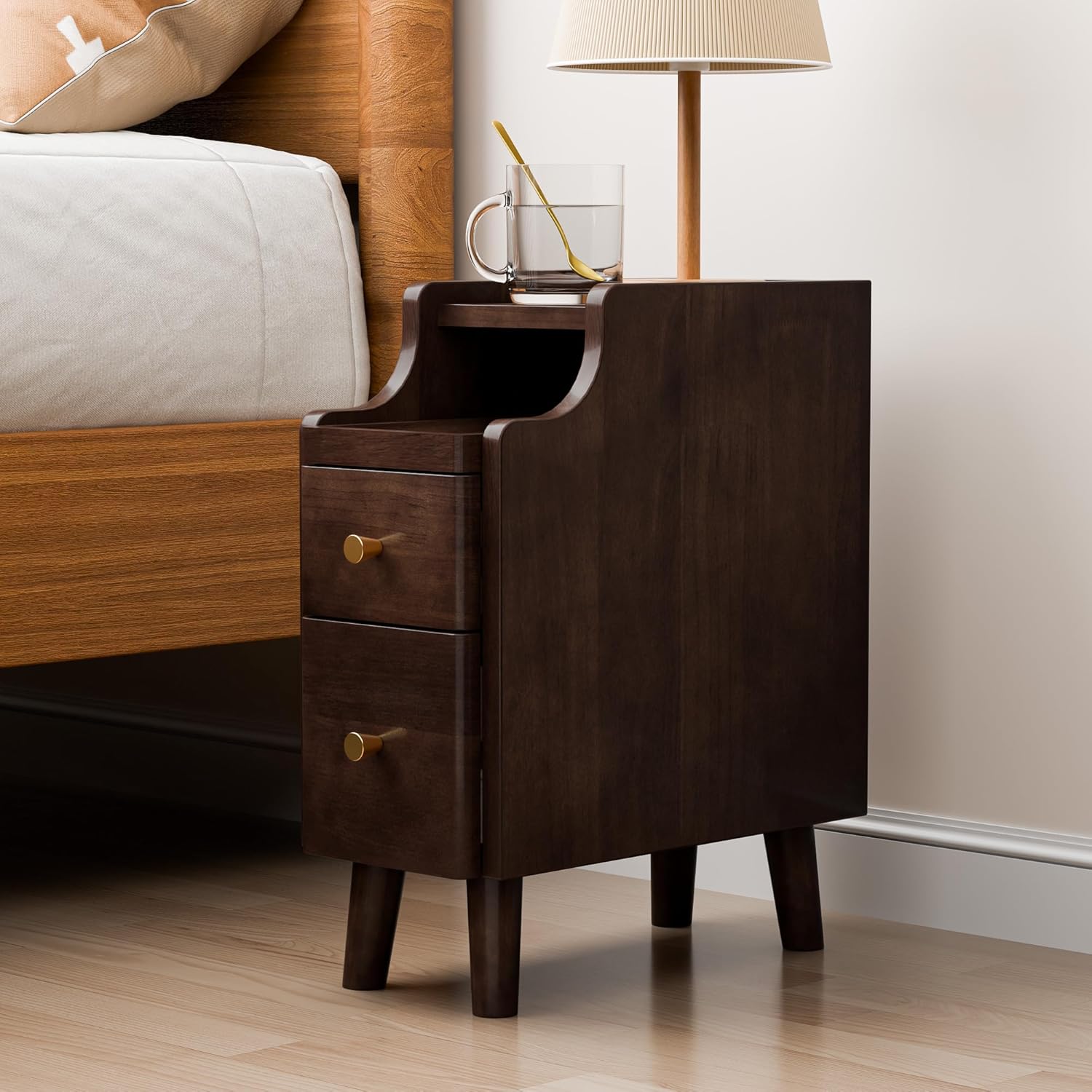 Narrow Nightstand with Drawers Set 2, Pre-Assembled Solid Wood Small Skinny Night Stand with Open Sliding Shelf Slim Bedside Table for Bedroom, Slim Side Table 2, Black Walnut, 8
