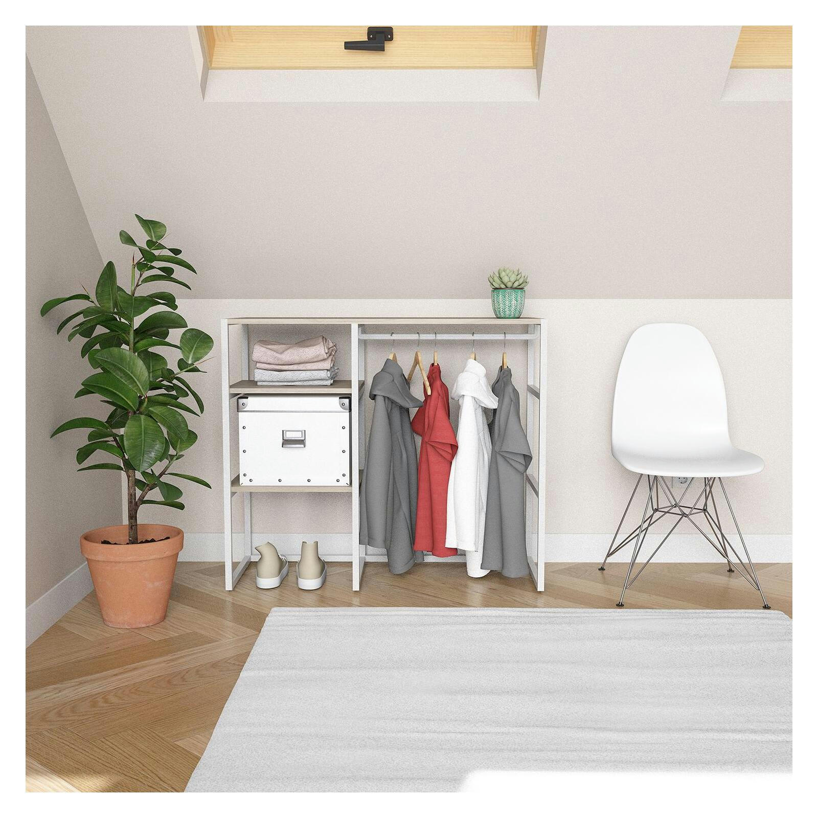 KADRA - Portant vêtements sous combles bois et métal blanc  étagères +penderie