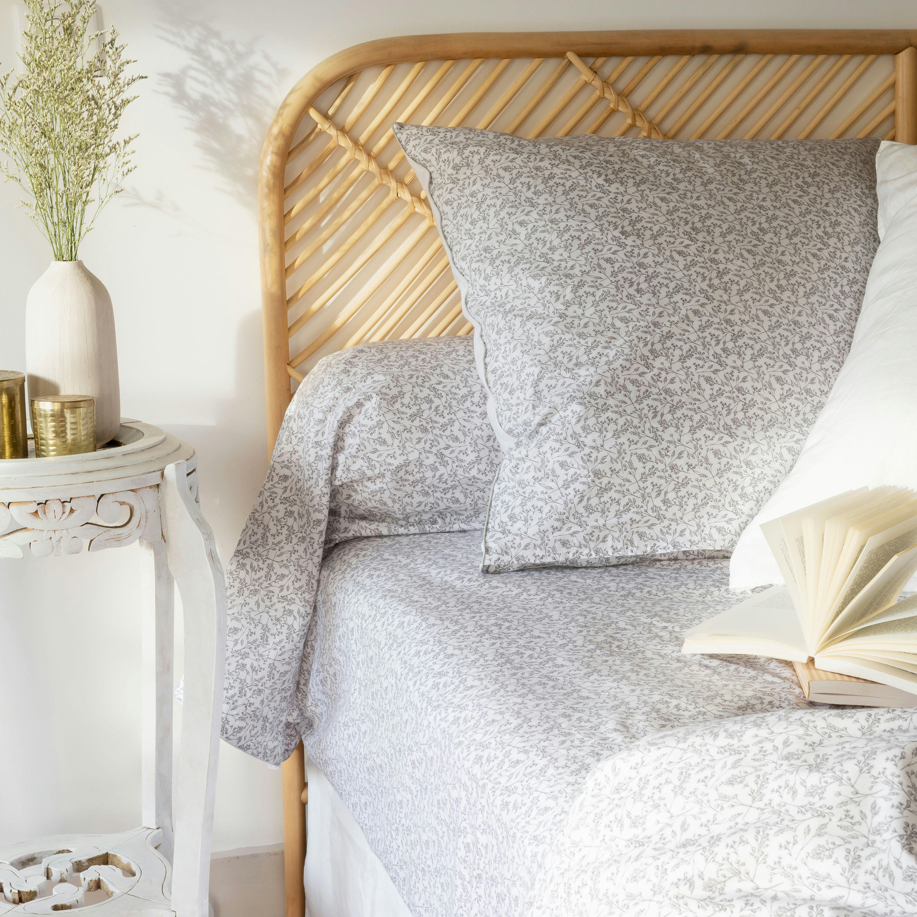 ELOGES - Drap housse percale de coton imprimé gris 180 x 200 cm