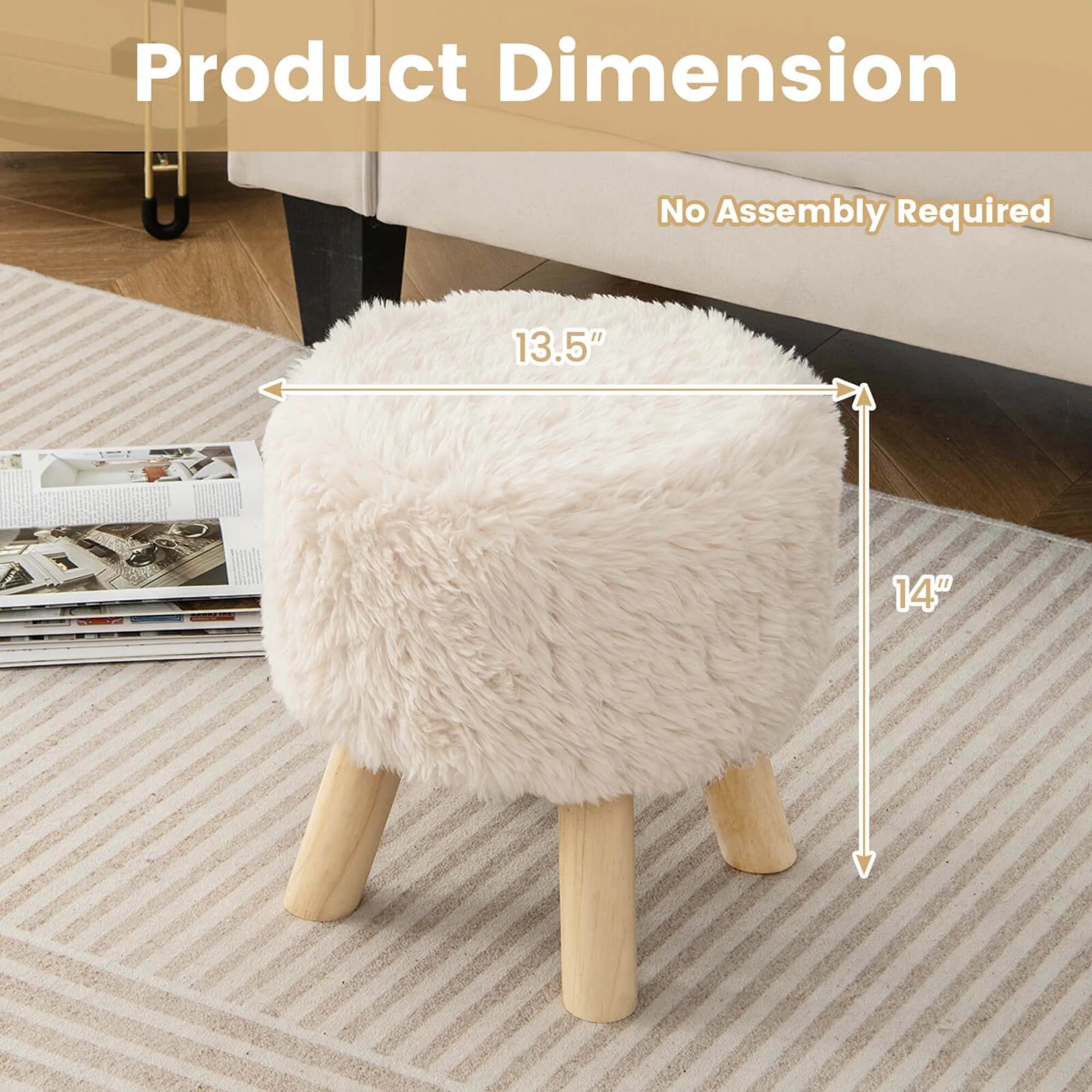 Costway Round Footstool Ottoman Faux Fur Upholstered Footrest with