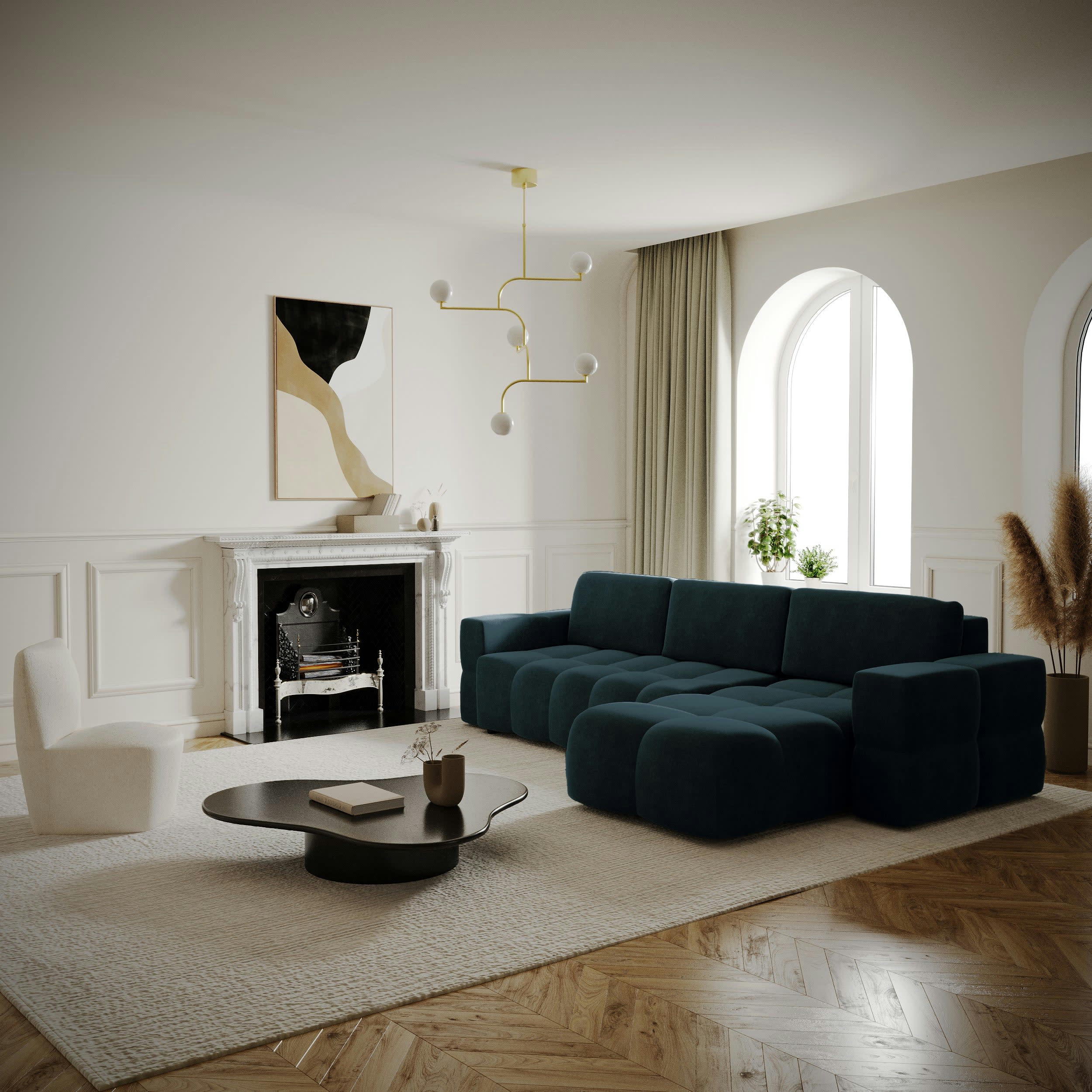 GABRIEL - Canapé d'angle droit convertible coffre velours bleu paon 260x180cm