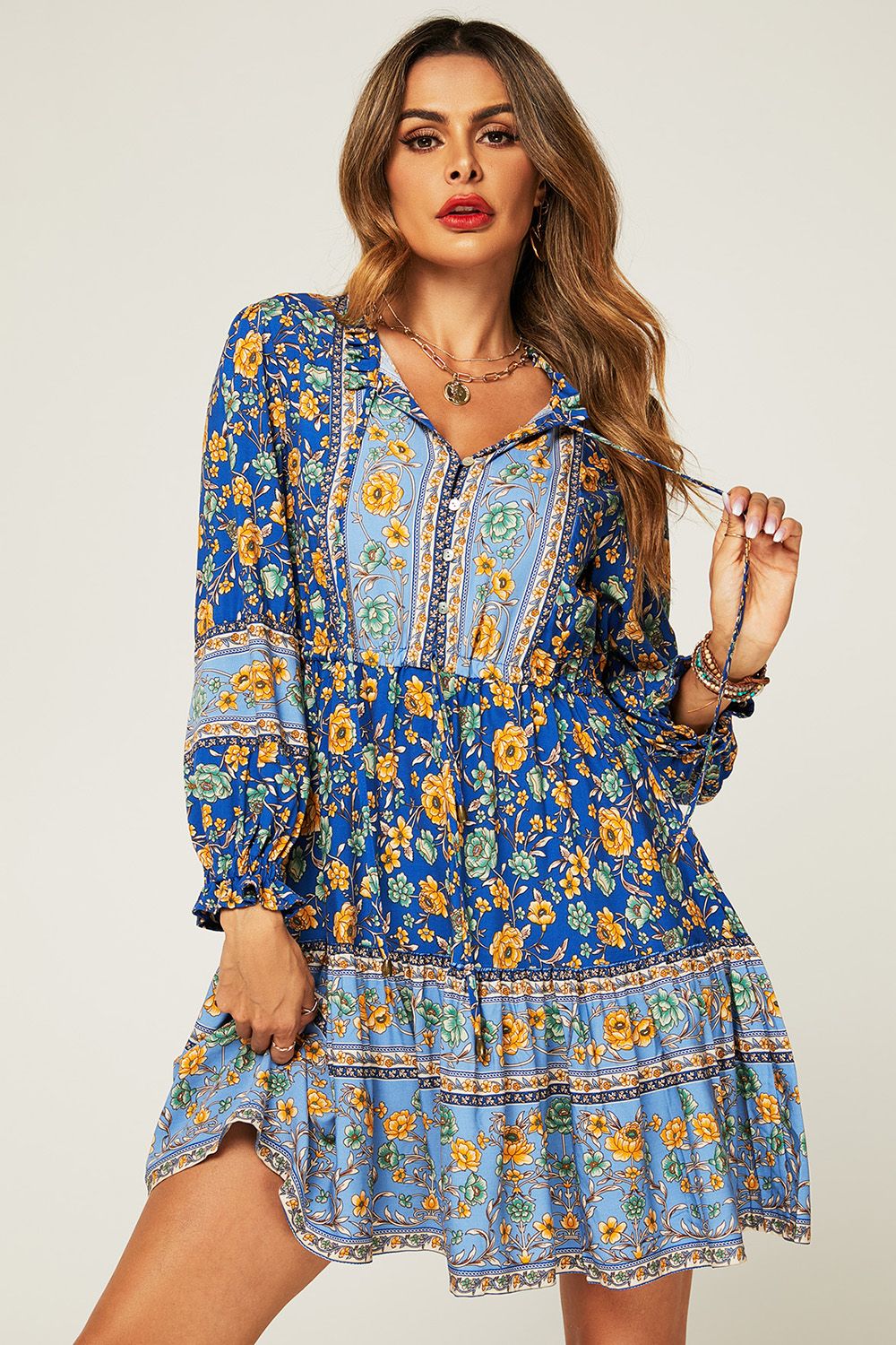 FS Collection Relaxed Block Color Floral Printed Skater Mini Dress In Blue