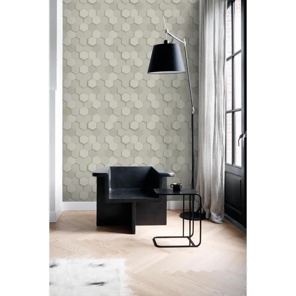 Origin Wallcoverings behang 3d hexagon motief lichtgrijs - 53 cm x 10.05 m